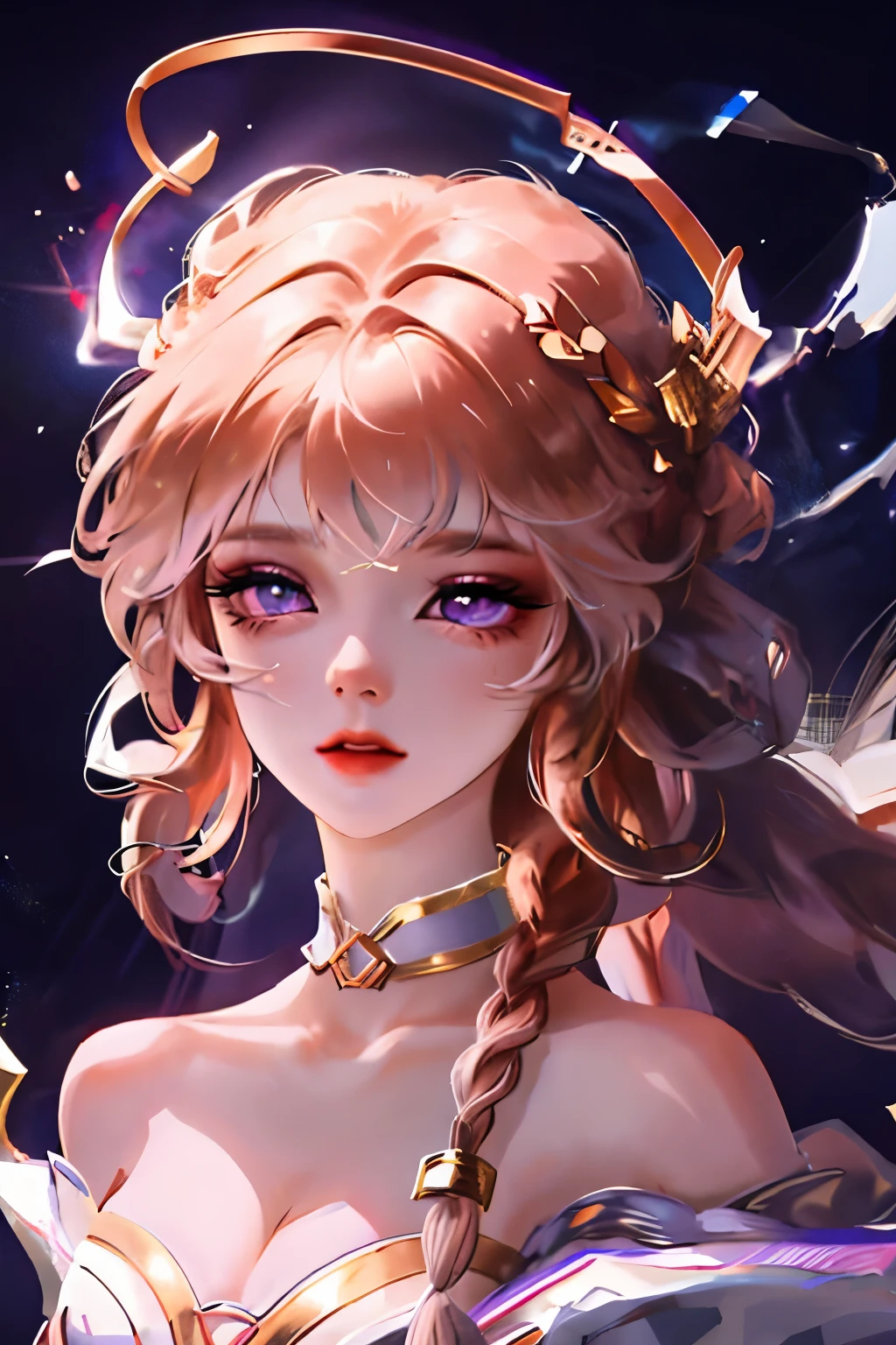 1 girl,high resolution, high quality, masterpiece, mxmk white dress, bare shoulders, purple eyes, white dress, braid,gold eye shadow,Dark red pupils,