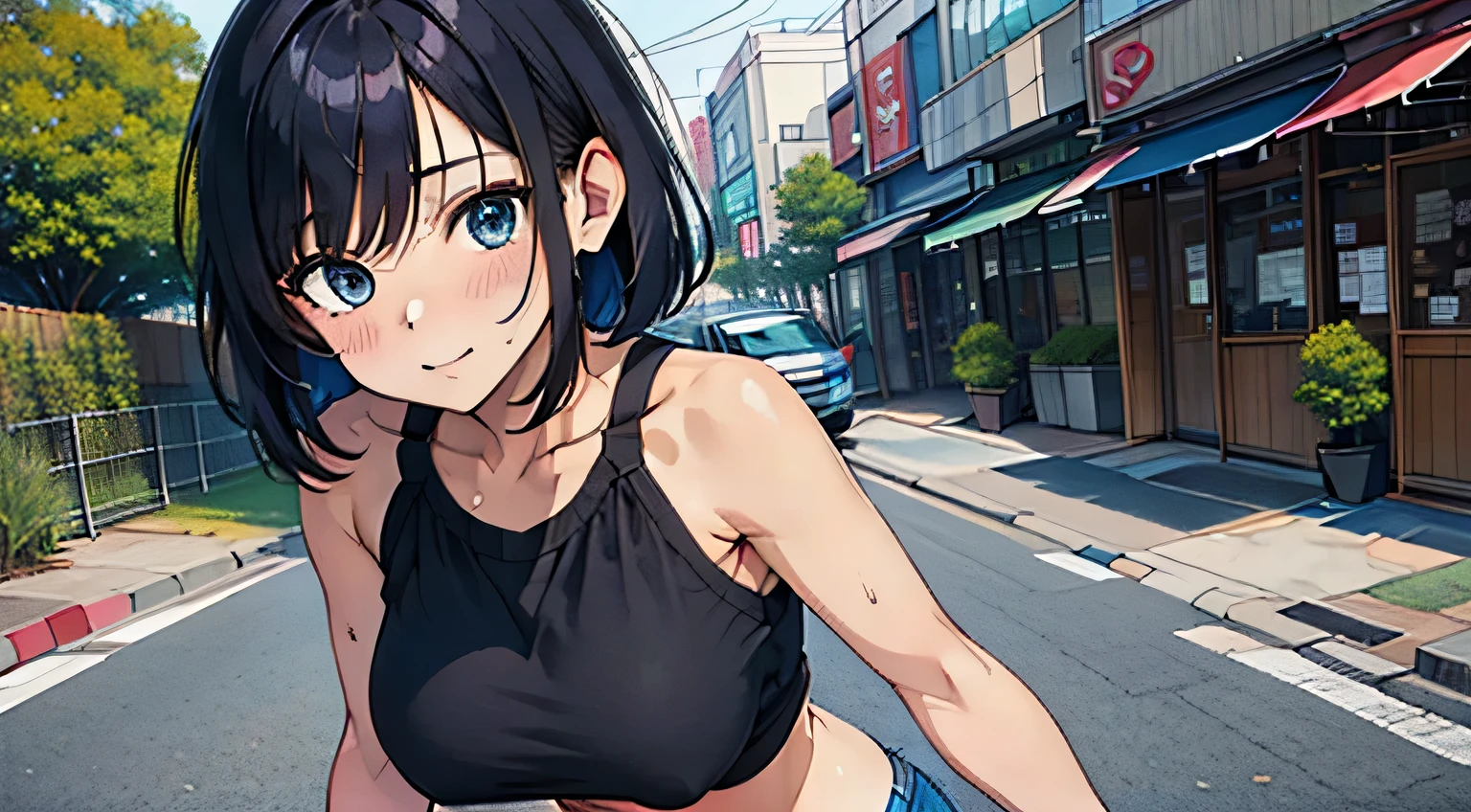 4K, A high resolution, Best quality at best, masterpiece, perfect colors, perfect shadow, perfect litthing, ((sportrait)), Anime girl sitting in car with hand on chin, Anime visuals of cute girls, Seductive Anime Girl, charming anime girls, anime styled, High quality anime art style, Beautiful anime girl, young anime girl, Anime Girl, Anime Girl with Long Hair, tight crop top, big breast, half breast open, background is Tokyo city 80s,  an anime girl, Cute anime girl, face closeup