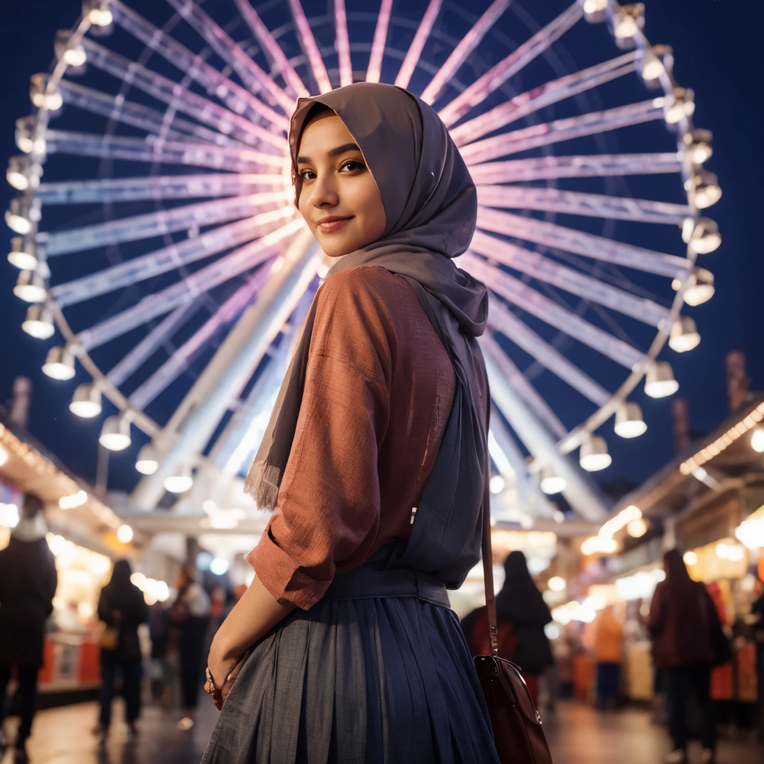 Masterpiece, best quality, photo taken with a canon 5D DSLR camera, photo taken from below, photo taken from behind, potrait photo of a woman 20 years old , hijab, chubby cheeks, dimples, sweet smilling facial expression. Wearing modern casual clothes, long skirt, standing facing a very large Ferris wheel, face looking back at the camera, background behind the night market entertainment, nighttime atmosphere.