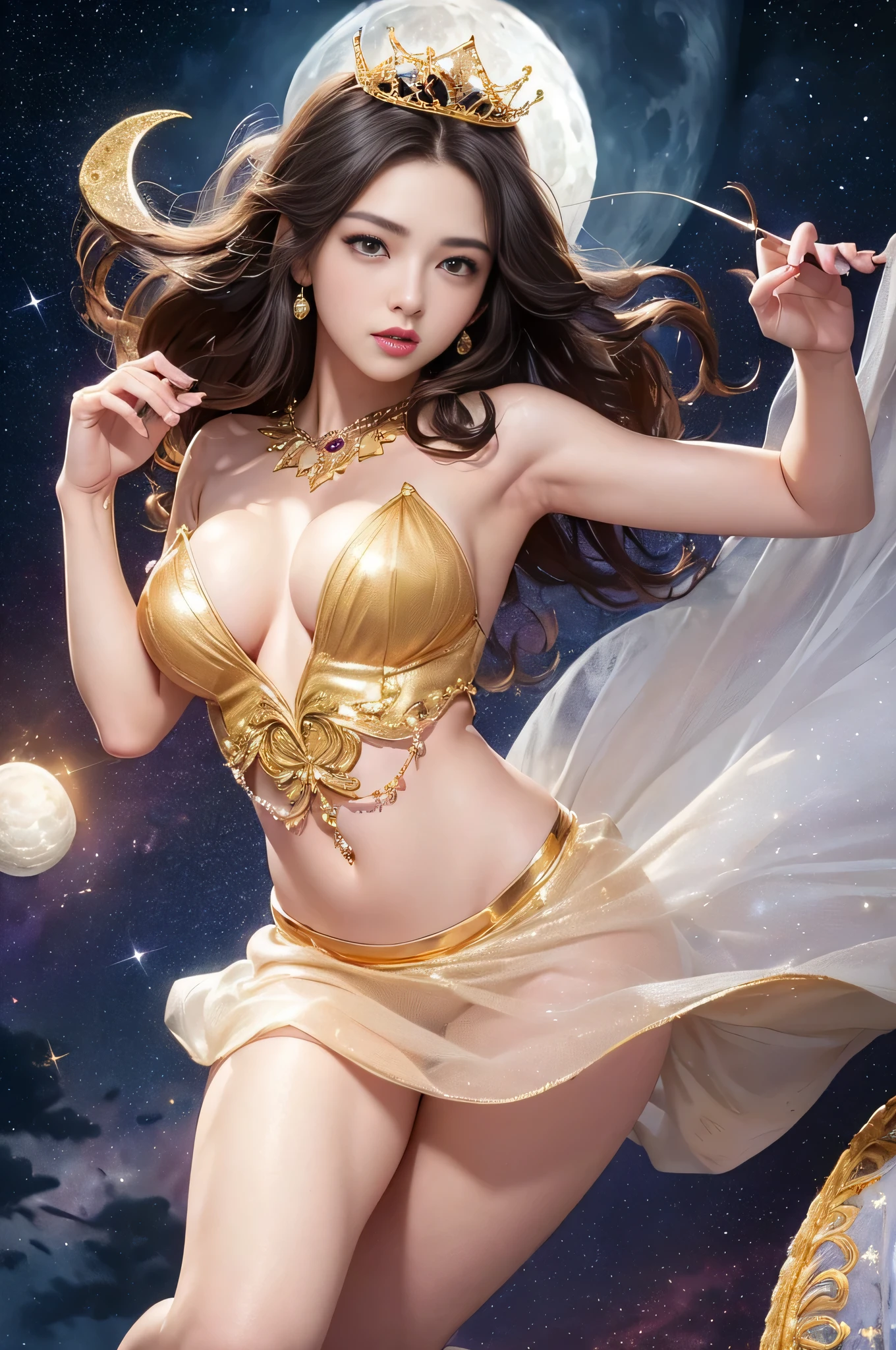 (8K、Raw photo、highest quality、master piece: 1.2)、16k、(reality、photorealistic: 1.3)、(sharp focus)、1 girl、20-year-old、female model、(Accurate anatomy body and hands:1.5)、(4 fingers and 1 thumb,)、beautiful face、detailed and perfect face、(big breasts) 、Big eyes、((Long curly hairstyle))、cowboy shot、from below、detailed background、studio lightning、(( queen of the moon: 1.5))、(( mysteries of universe: 1.25))、(meteor、flash、star: 1.5)、((elegant style、gorgeous: 1.2))、(translucent colorful dress+tiara: 1.4)、(golden embroidery and lots of jewels: 1.4)、(big breasts)、(thin waist)、belly button、big butt、sexy thighs、Goddess of Mercy、magic wand、green and red background、(Twinkle Star、nebula、milky way)、