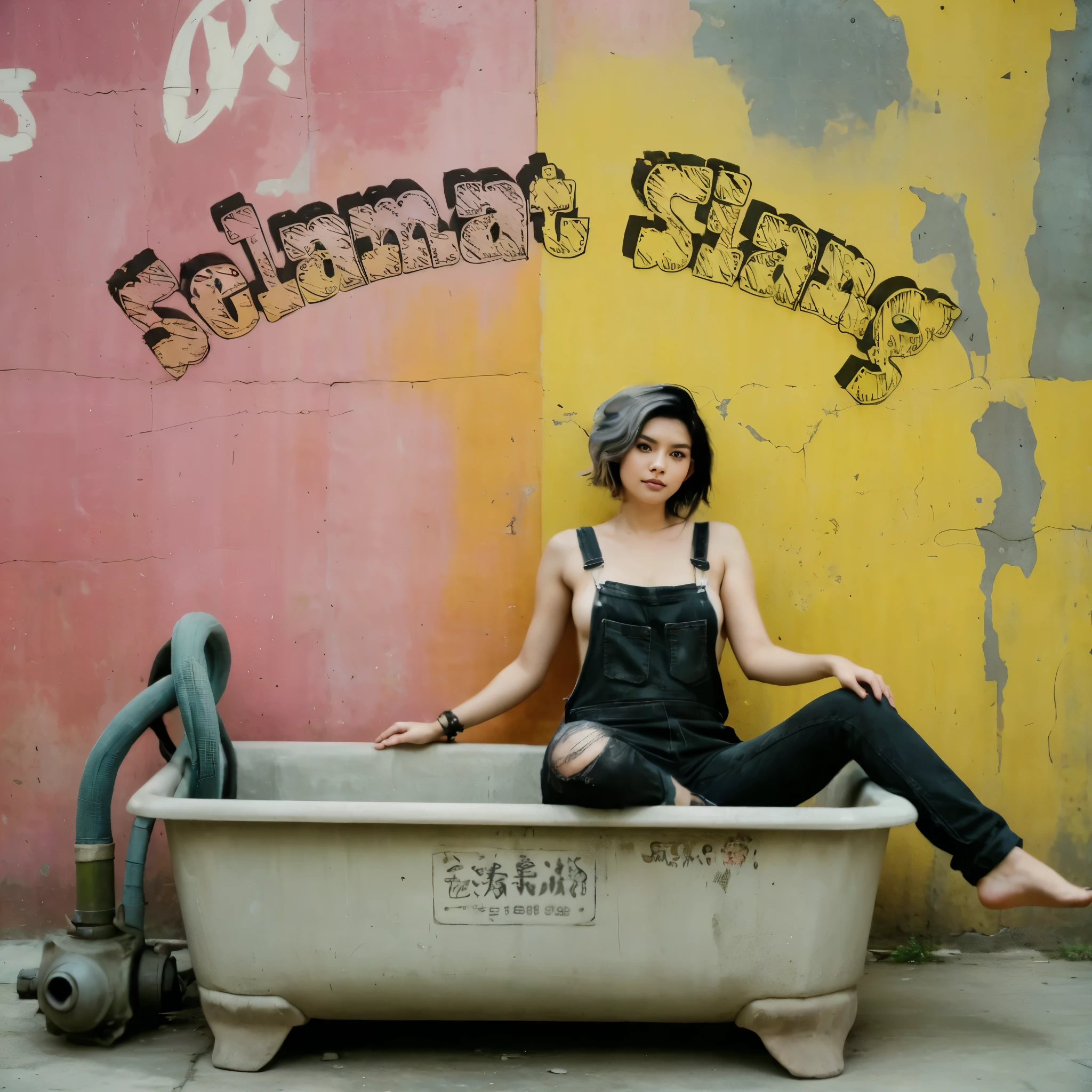 a very beautiful woman lying in an old rectangular concrete bathtub, wearing distressed overalls, black mixed grey hair, bare feet in the air, holding a rubber hose, in the style of subversive public installations, colorful and tattered unpainted concrete wall as the backdrop, word in wall "Selamat Siang" with cool font, oriental ism, high-angle, dollcore, photo taken with provia, playful yet dark, adorable facial expressions, tatto in body,
,film,professional,,high detail,epirealism model,atmospheric impressionism,bokeh,pre-raphaelite realism,low tone photography,soft focus realism --ar 36:61 --stylize 750 --vv6