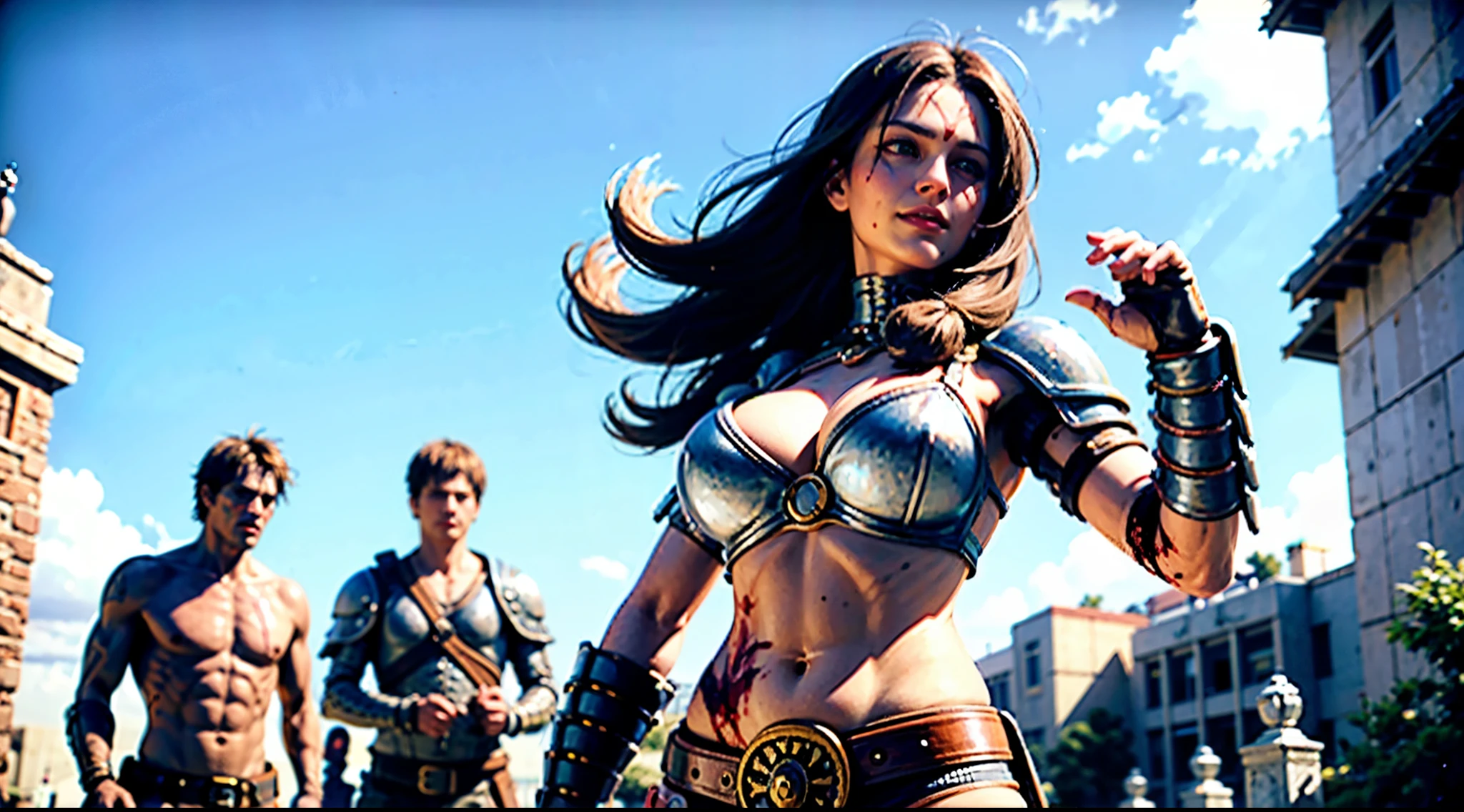 girl , exposed belly button, big breasts, femdom, Blood on the body, Blood on the armor, Blood on the belly button, Blood on the stomach, Blood on the breasts, tall, slaughter ,Blood in the stomach, gun, knife, sword, war, underwear, kill, Behead, shot from below, sensual, Blood on the breasts, smile, holding a severed head of enemy