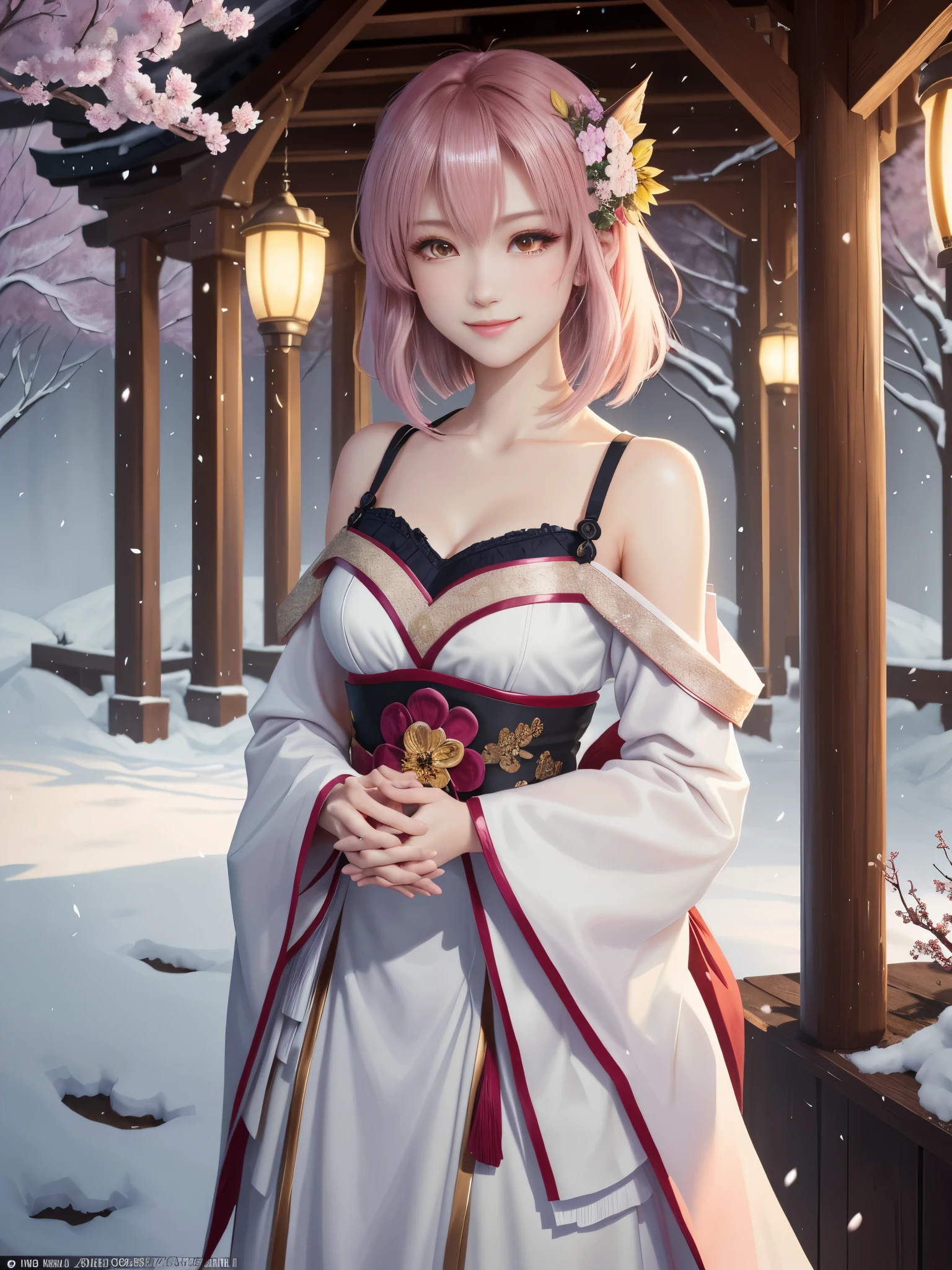 masterpiece , best quality,smile,smile,small face,shoulder exposure,less cleavage exposure,light pink hair,slender body shape,brown eyes,sharp contrast,short hair,Beautiful short hair,Berry Short,short cut hair,just one person,precision quality,Faithfully reproduced eyes, The surroundings are shining gold,一面に咲くcherry blossom background,snow scene,masterpiece, 幻想的なcherry blossom background,night,nightの背景,cherry blossom background,beautiful details, colorful, delicate details, delicate lips, intricate details, genuine, ultrargenuineista, 枝に座っている色とりどりの髪のFoxを持つ女の子:Mature, bright eyes, ,色とりどりのFox, raposa de nine tails, 三尾Fox, 三尾Fox, onmyoji detail art, beautiful fine art illustration, mythical creatures, Fox, beautiful digital art,shrine maiden,hold hands,exquisite digital illustration, mizutsune, Inspired by mythical wild web creatures, pixiv in digital art, shining light, high contrast, Mysterious,