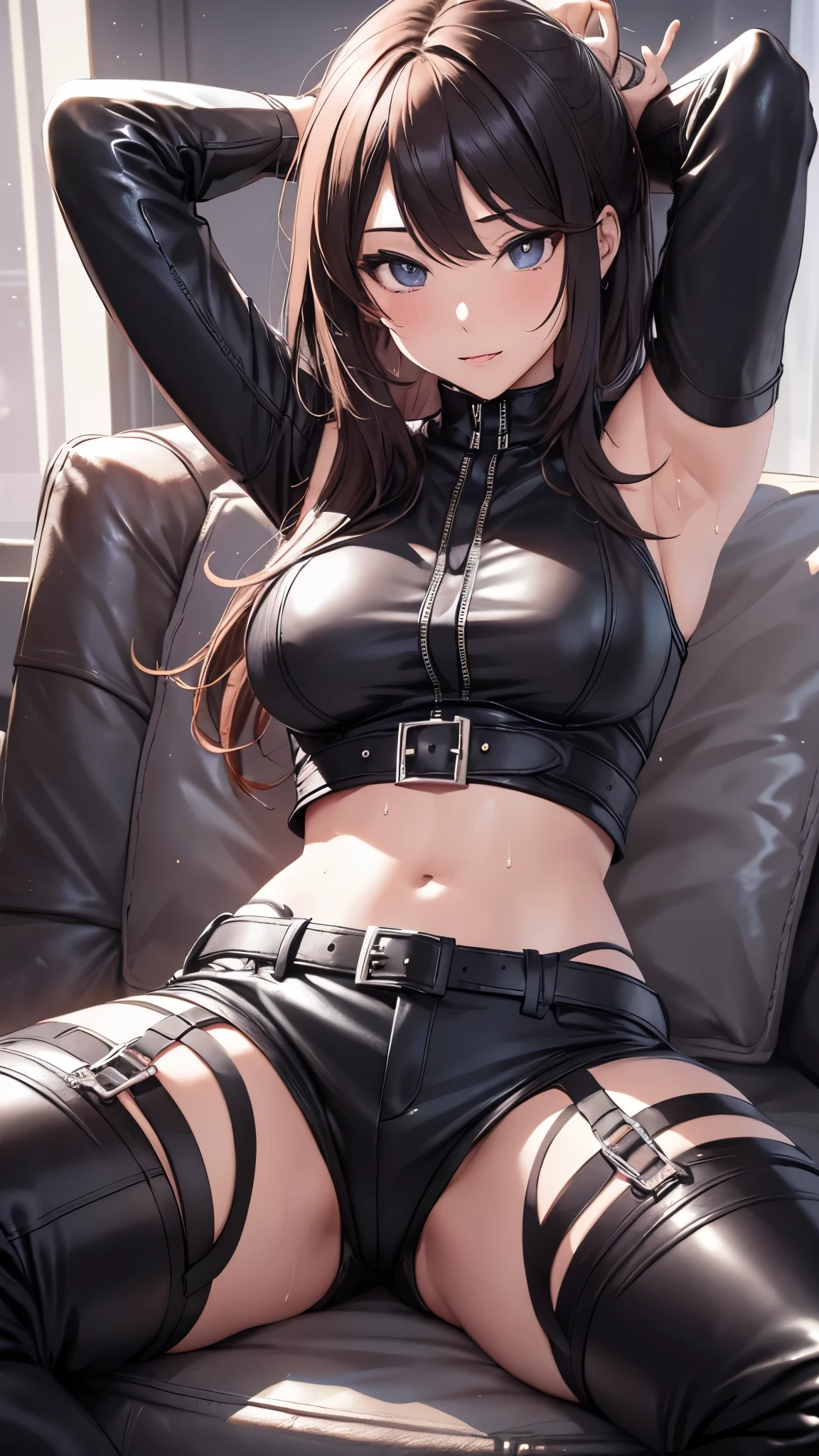 High resolution, woman , good lighting, despicable, , (No nudity), (((leather shorts))), ((tight leather top)), (((leather thigh high boots))), (garter belt), abdomen only, (wet shorts),  ,  cute face, I&#39;m embarrassed and blush, humiliating, ((spread your legs)), ((wet with sweat))(octopus and tentacles)