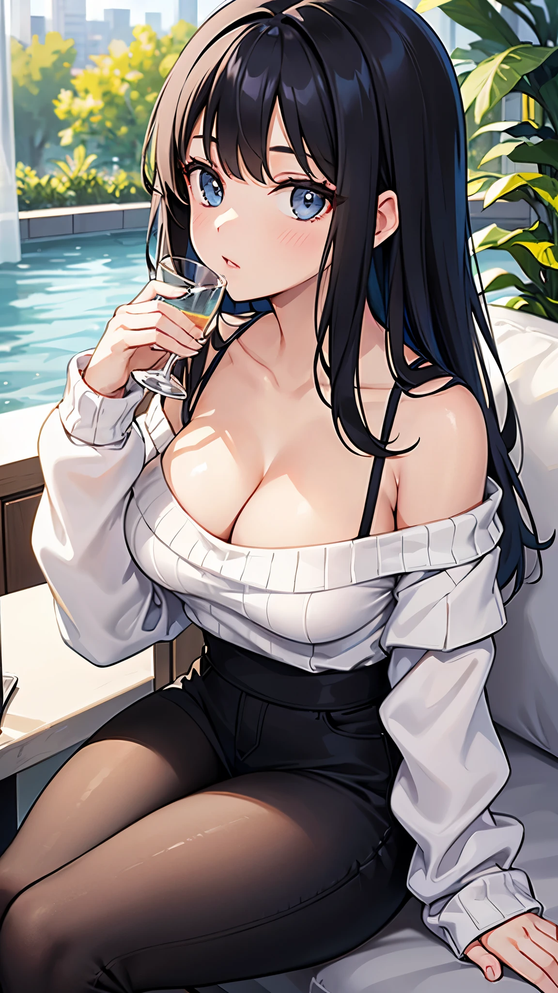 a white girl wearing off shoulder sweater is sitting down drinking a glass of something, 1girl, solo, breasts, looking at viewer, cleavage, black hair, lips