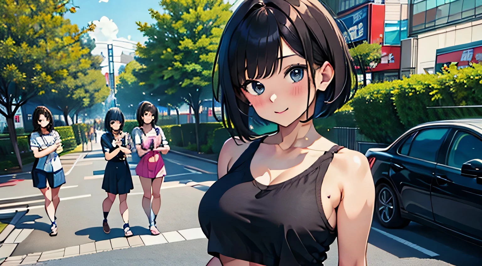 4K, A high resolution, Best quality at best, masterpiece, perfect colors, perfect shadow, perfect litthing, ((sportrait)), Anime girl sitting in car with hand on chin, Anime visuals of cute girls, Seductive Anime Girl, charming anime girls, anime styled, High quality anime art style, Beautiful anime girl, young anime girl, Anime Girl, Anime Girl with Long Hair, tight crop top, big breast, half breast open, background is Tokyo city 80s,  an anime girl, Cute anime girl, face closeup