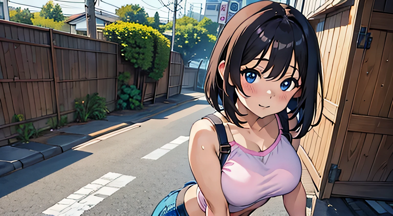 4K, A high resolution, Best quality at best, masterpiece, perfect colors, perfect shadow, perfect litthing, ((sportrait)), Anime girl sitting in car with hand on chin, Anime visuals of cute girls, Seductive Anime Girl, charming anime girls, anime styled, High quality anime art style, Beautiful anime girl, young anime girl, Anime Girl, Anime Girl with Long Hair, tight crop top, big breast, half breast open, background is Tokyo city 80s,  an anime girl, Cute anime girl, face closeup