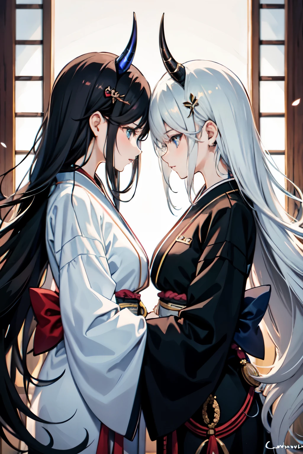 ((twin sisters)), ((cabelo longo)), (horn), (roupas japonesas), dark