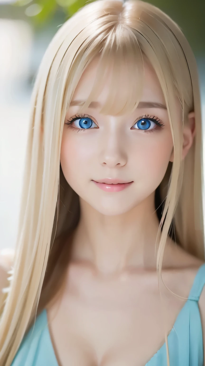 exceptional sexy beauty、Beautiful calm and bright expression、sexy refreshing look、Perfect beautiful cute face with long bangs、super long blonde straight hair、beautiful face hair、very cute beautiful sexy young little woman、very perfect beautiful cute face、Big light blue eyes that shine so beautifully and brightly、Clear cute eyes