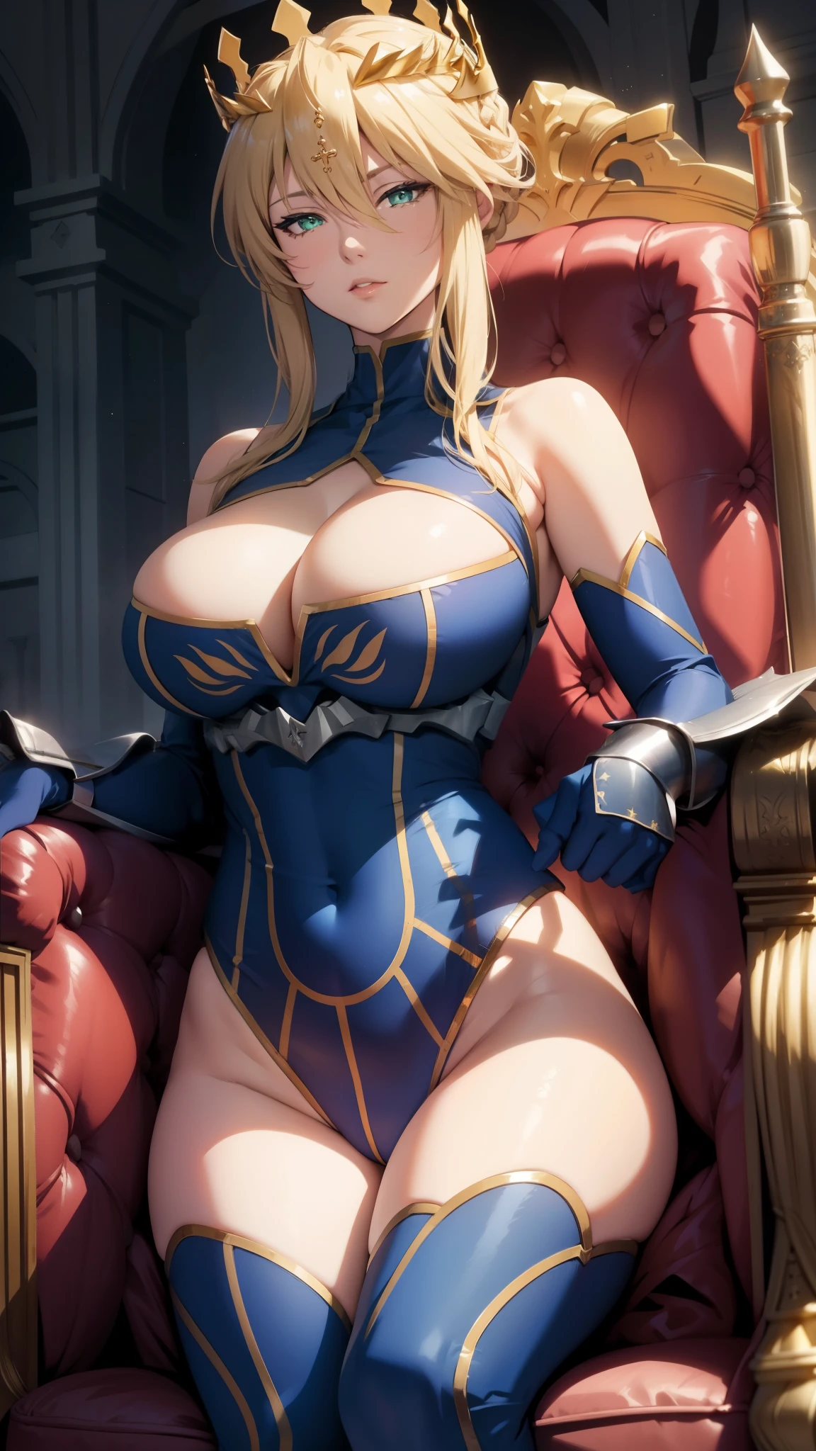 (best quality, highres), portrait, artoria pendragon lancer, adult woman, green eyes, artoriaLancer, braid, crown, turtleneck, cleavage cutout, sleeveless, blue leotard, gauntlets, royal throne, sit, ultra detailed