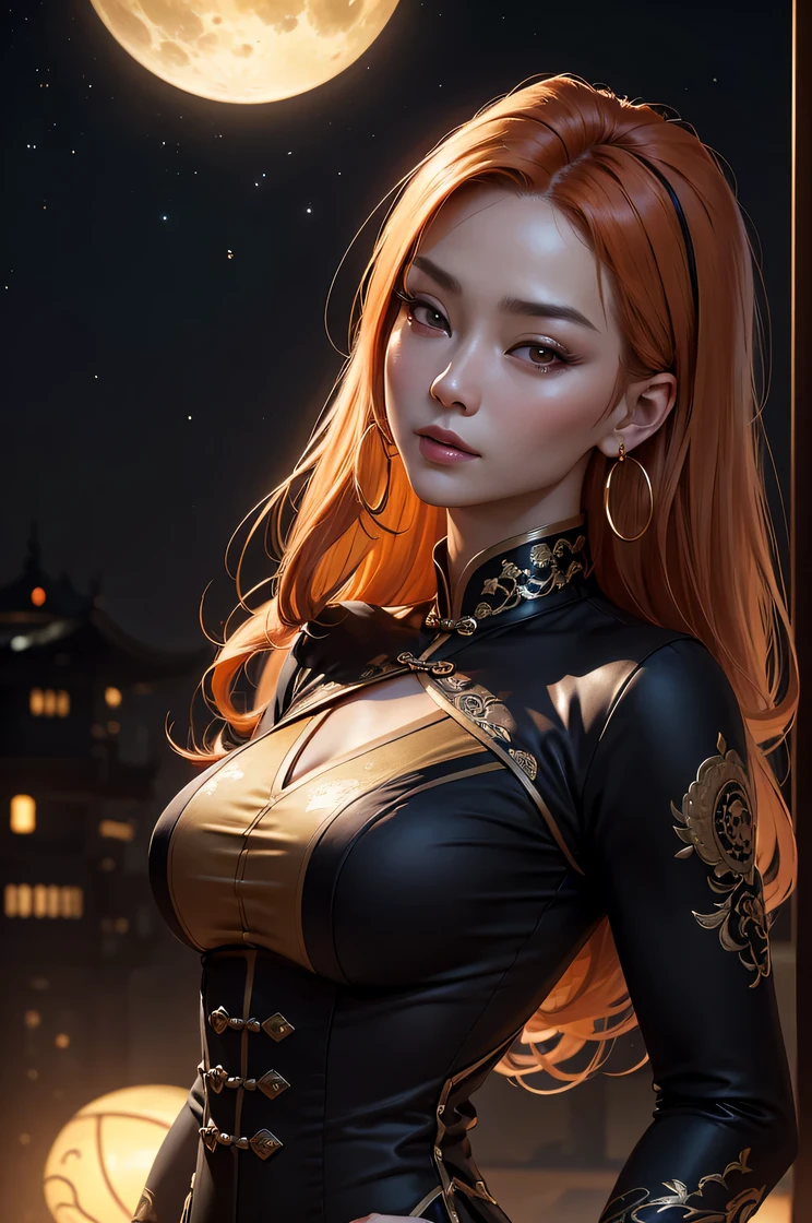 masterpiece, best quality, 8k, sharp focus, realistic, (detailed)), ((good highlights), 1 mature   Chinese woman , , detailed face, detail skin texture, ultra-detailed body:1.1), 32k resolution:1.3))), highest quality, highly quality, she have creamy orange hair , wearing creamy purple and black outfit , moons and stars pattern, hoop earring