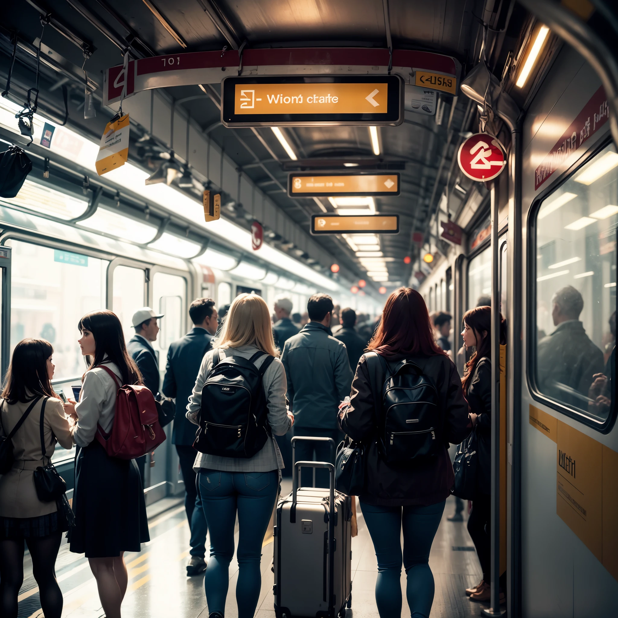 a crowded (train station:1.2), bustling with people, trains coming and going, a sense of hurry and excitement, commuters rushing to catch their trains, families bidding farewell, luggage carts filled with suitcases, the sound of announcements over the loudspeaker, squeaking brakes, and the scent of coffee from the nearby café. The station is filled with architectural details, high ceilings, large windows, and pillars. The lighting is warm and inviting, casting soft shadows on the bustling crowd. The scene is captured in a realistic and detailed style, with each person's expression and gesture carefully portrayed. The colors are vibrant and realistic, with a touch of vintage charm. The overall atmosphere is lively and dynamic, capturing the energy and spirit of a busy train station.