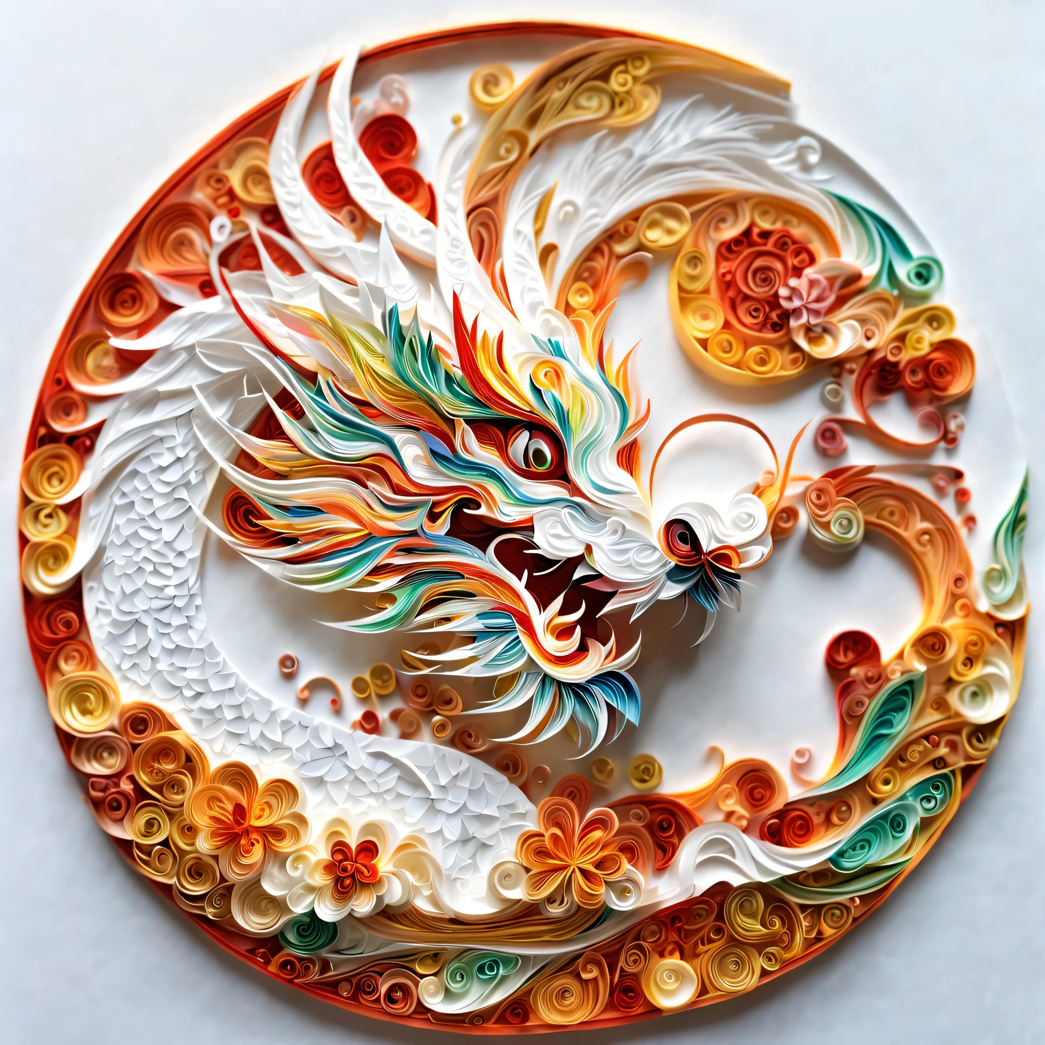 (paper art,layered paper art,paper quilling, 剪paper art术,Paper art ), pure white background, on round white paper, Chinese dragon,spring.