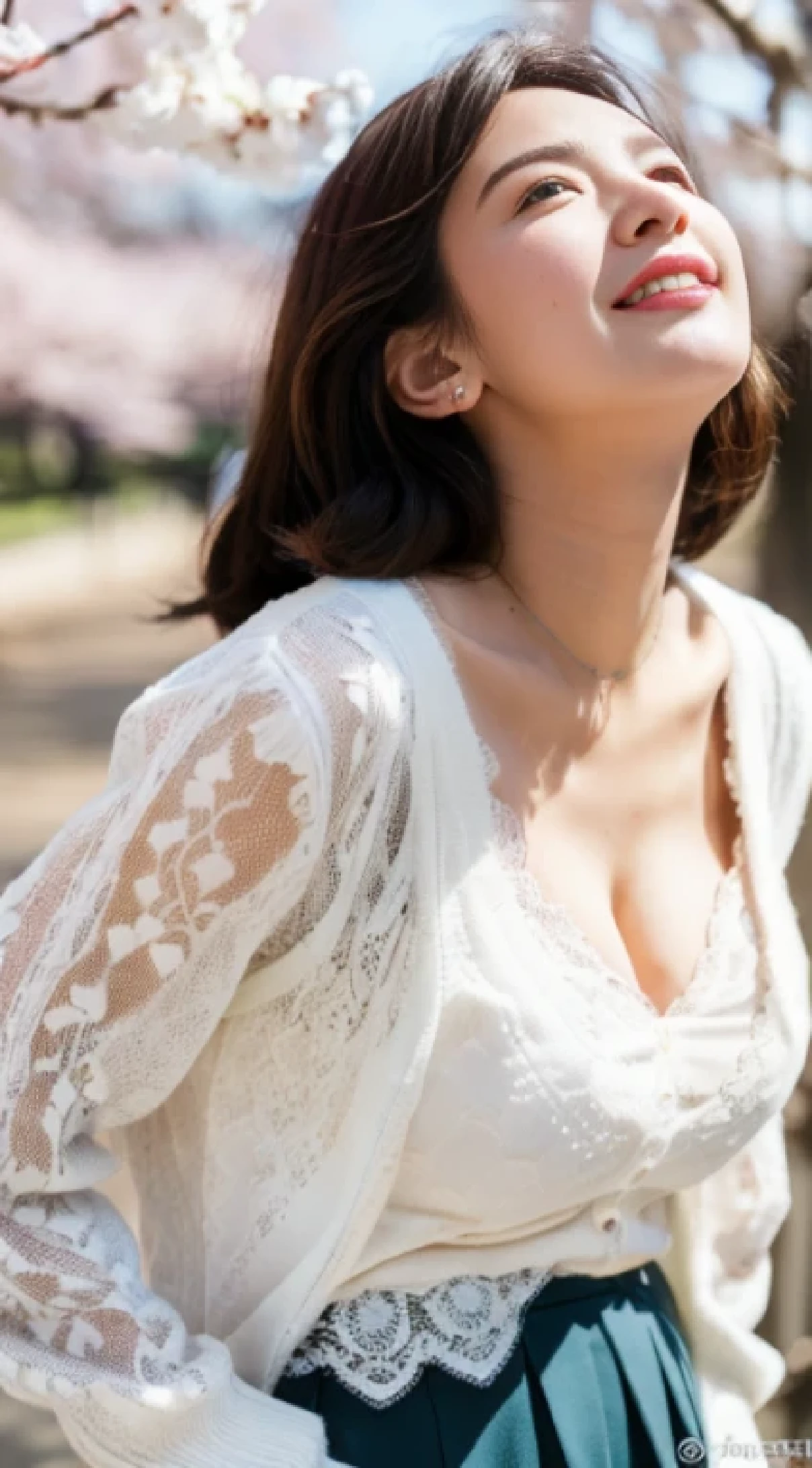 NSFW, ((最high quality, 8k, masterpiece, portrait: 1.3)), photorealism, Similar to portrait photography, intense natural light, soft lighting, 8k, high quality, (Park with a pond), ((One big cherry tree)), (A woman looking up at the cherry blossoms alone,) ((Look up at the cherry blossoms above your head)), ((Eyes diagonally to the left)), (gentle expression), (smile), (lips slightly open), (white lace blouse), (spring long cardigan), (cleavage), (pleated long skirt), (high heels),