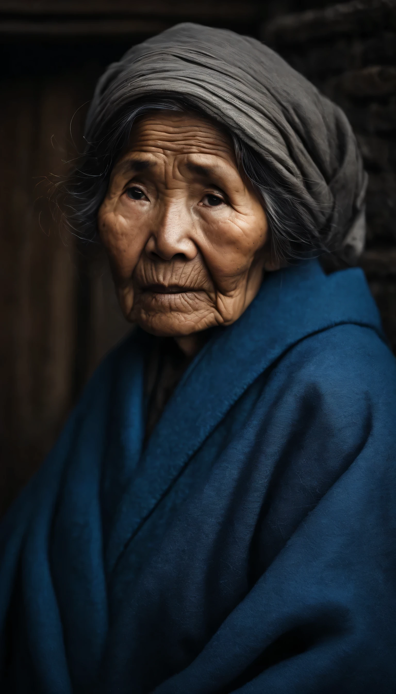 (Steve McCurry style), An old Japanese woman, wrinkled, sad and homeless ((wearing a blue wool coat)), (melancholy), 1woman, solo, straight black hair and hairstyle, very detailed face, beautiful eyes, [chubby], adorable, with bright eyes, sad eyes, bitter, (Rembrandt Lighting), zeiss lens, ultra realistic, (highly detailed skin: 1.2), 8k uhd, dslr, Dramatic Kidney light,  high quality, Fujifilm XT3,