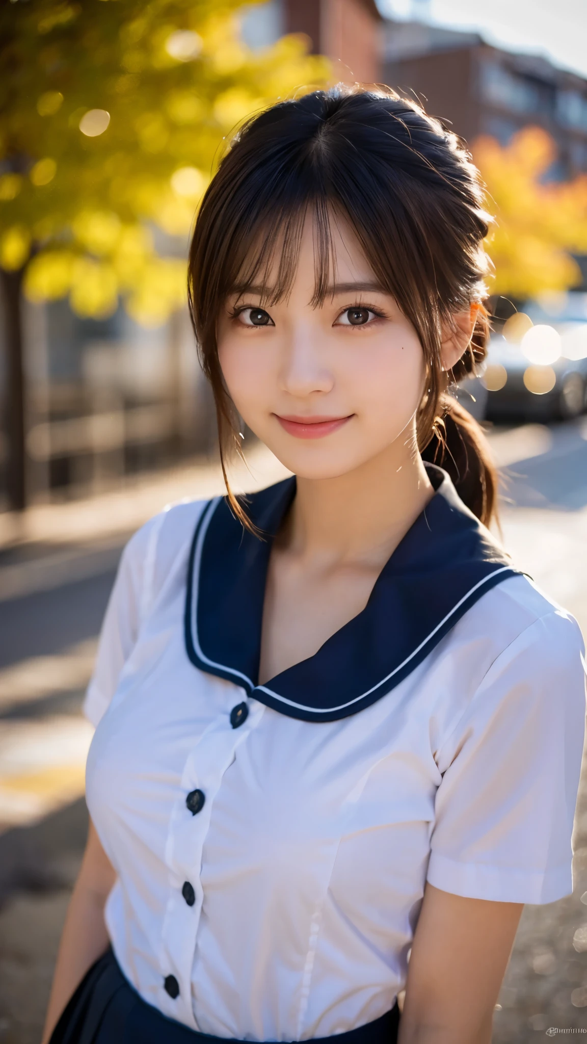 (highest quality,masterpiece:1.3,ultra high resolution),(Super detailed,caustics,8k),(photorealistic:1.4,RAW shooting),1 girl,(smile and look down at the camera),(front shot:1.1),(face forward),18-year-old,cute,Japanese,black short ponytail,school uniform,glamorous,(big boobs),( close up),(breast focus),street,sunshine,Natural light,(Backlight),(A bright light shines from behind),(Lens flare),professional writing,(cowboy shot),(low position:1.3),(Low - Angle:1.3)