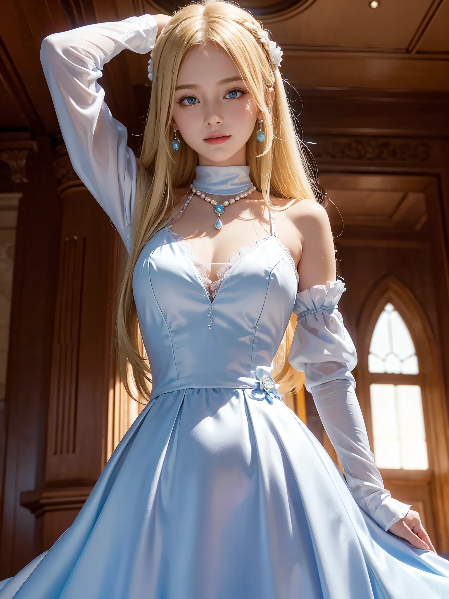 prompt: Highly detailed RAW color photos, ビクトリア朝のFormal Dressesを着た15歳のバージニアオーティス, (Formal Dresses:1.2)、(clear)、pixer style, ,  In the style of bright 3D objects, She has a cartoon smile, tanned skin and rosy cheeks, Social contest winning photo, long strawberry, she holds the edge of the dress with both hands, lift it up a little, -blue eyes,  long blonde hair, spines, Very curly blonde hair, Corridor with castle atmosphere, Iridescence/milky, Sparkling, highly detailed photorealistic, 16k - Expression Style - -Rainbow 5 (matrix ) can&#39;t believe it, realistic shadow, (Very detailed background plan: 1.2), Artistic photo model in sexy and provocative pose: quantum edge、(Lift your skirt higher by yourself:1.2)、(I can see your panties:1.2)、(super detailedﾊﾟﾝﾃｨｰ:1.2)、(cameltoe:1.2),(Through the pantiesｵﾏﾝｺ:1.2)、(Through the panties陰毛:1.2),(Focus on the whole body)