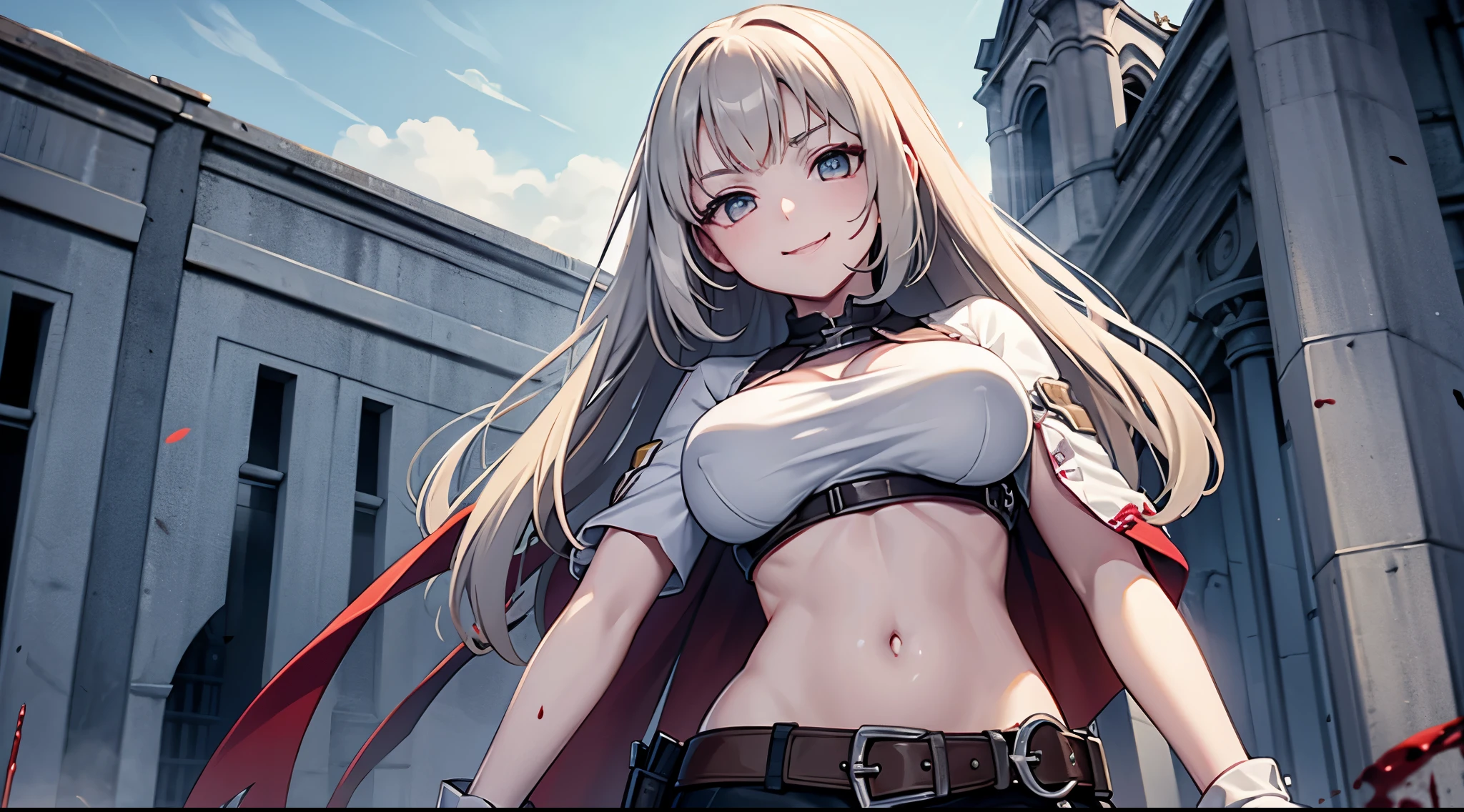 girl 1, exposed belly button, big breasts, femdom, Blood on the body, Blood on the armor, Blood on the belly button, Blood on the stomach, Blood on the breasts, tall, slaughter ,Blood in the stomach, gun, knife, sword, war, underwear, kill, Behead, shot from below, sensual, Blood on the breasts, smile, holding a severed head