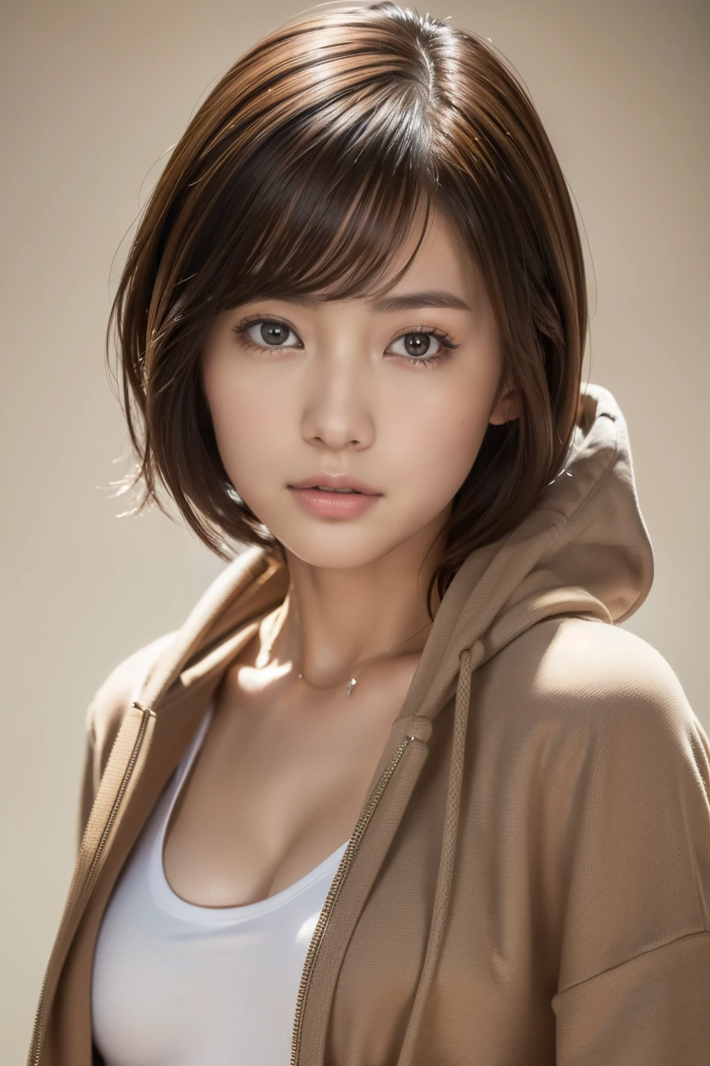 (8k, RAW photo, highest quality, masterpiece:1.2), (realistic, photo-realistic:1.4), (Highly detailed 8K wallpaper), perfect female body, famous japanese idol, 20 year old girl, 1 person, japanese model, medium short hair, messy hair, light brown hair, hoodie