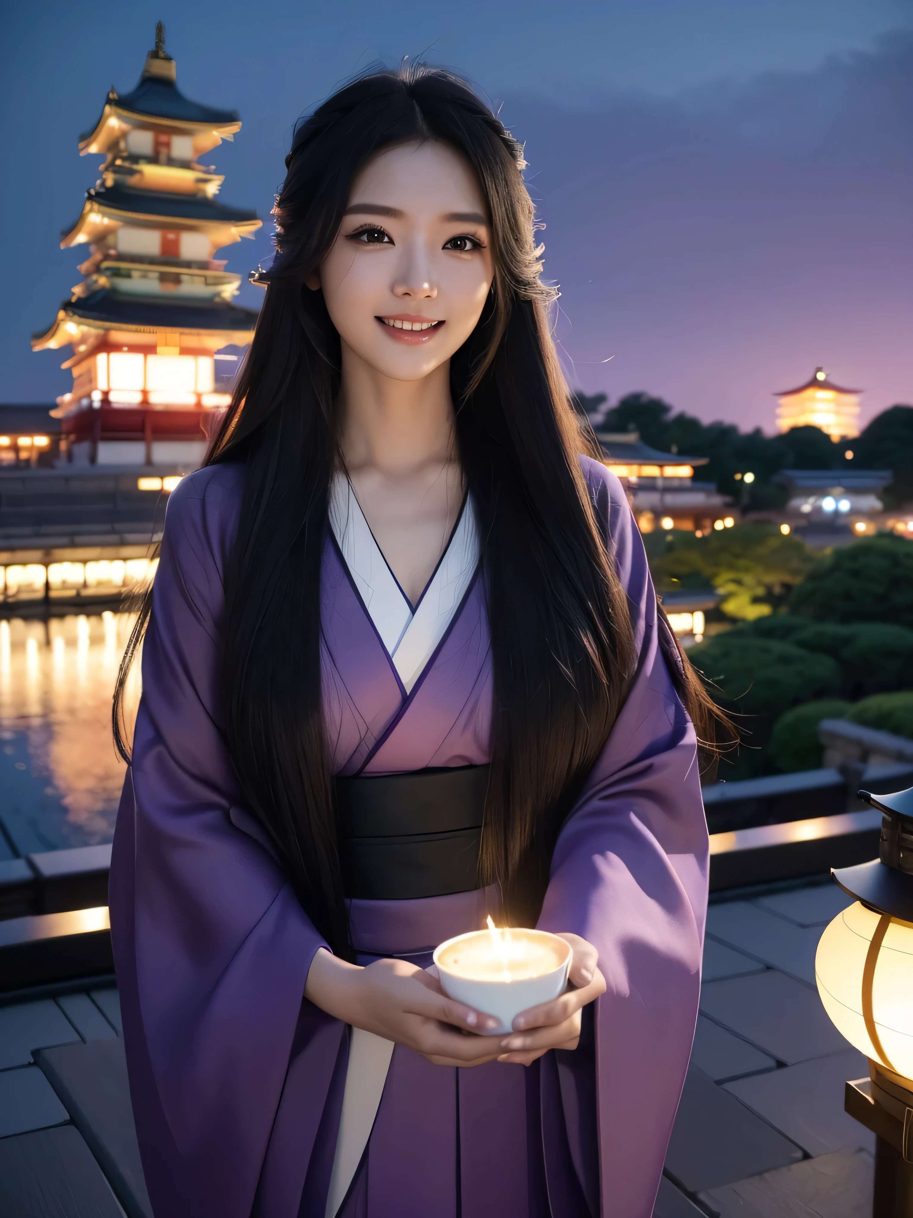 best qualtiy、Osaka castle, masterpiece、photoRealstic、intricate-detail、Raw foto、Photon Rendering、Octane Rendering、absurderes、ultra-detailliert、A detailed face、Detailed skin、Trending in art stations、8K Masterpiece、lighting like a movie、( (1girl in))、((solo) ))、CG Social Trends、Plastic En、((Black Long Hair))、((Beautuful Women))、(A smile)、Upper teeth、Fashionable、Hair that flutters in the wind、((Flowing hair))、fashion magazine、((A sexy))、((lighting like a movie)、((indirect lighting)、、(ssex)、Grinning、(View from a distance)、((Festival of Japan))、Dark purple kimono、Hair is up、Osaka castle in the background.