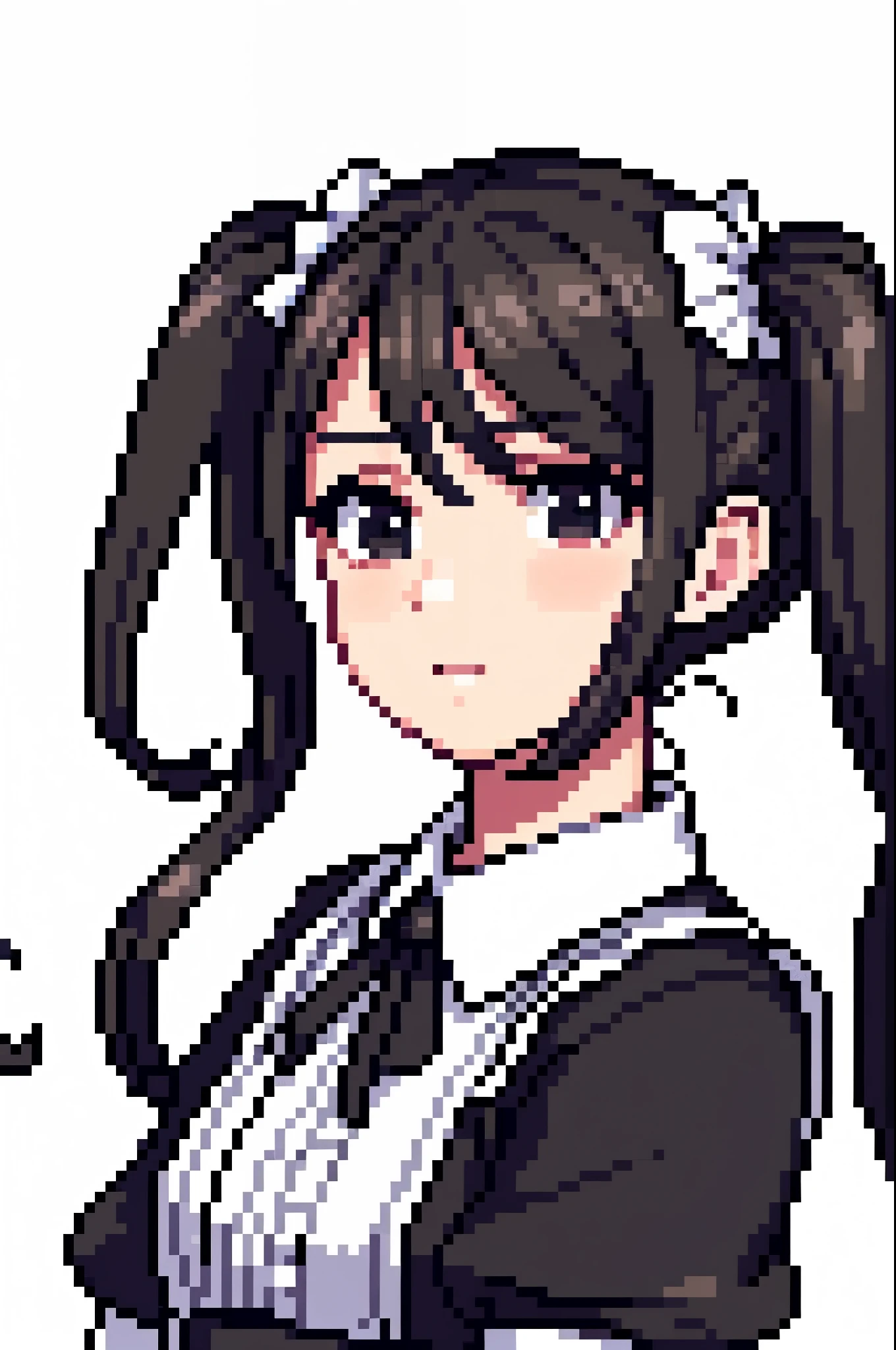 masterpiece, best quality, extremely detailed, pixel art, hyperrealistic, photorealistic, white background, a pretty girl, maid, twintails, black eyes, disdainful
