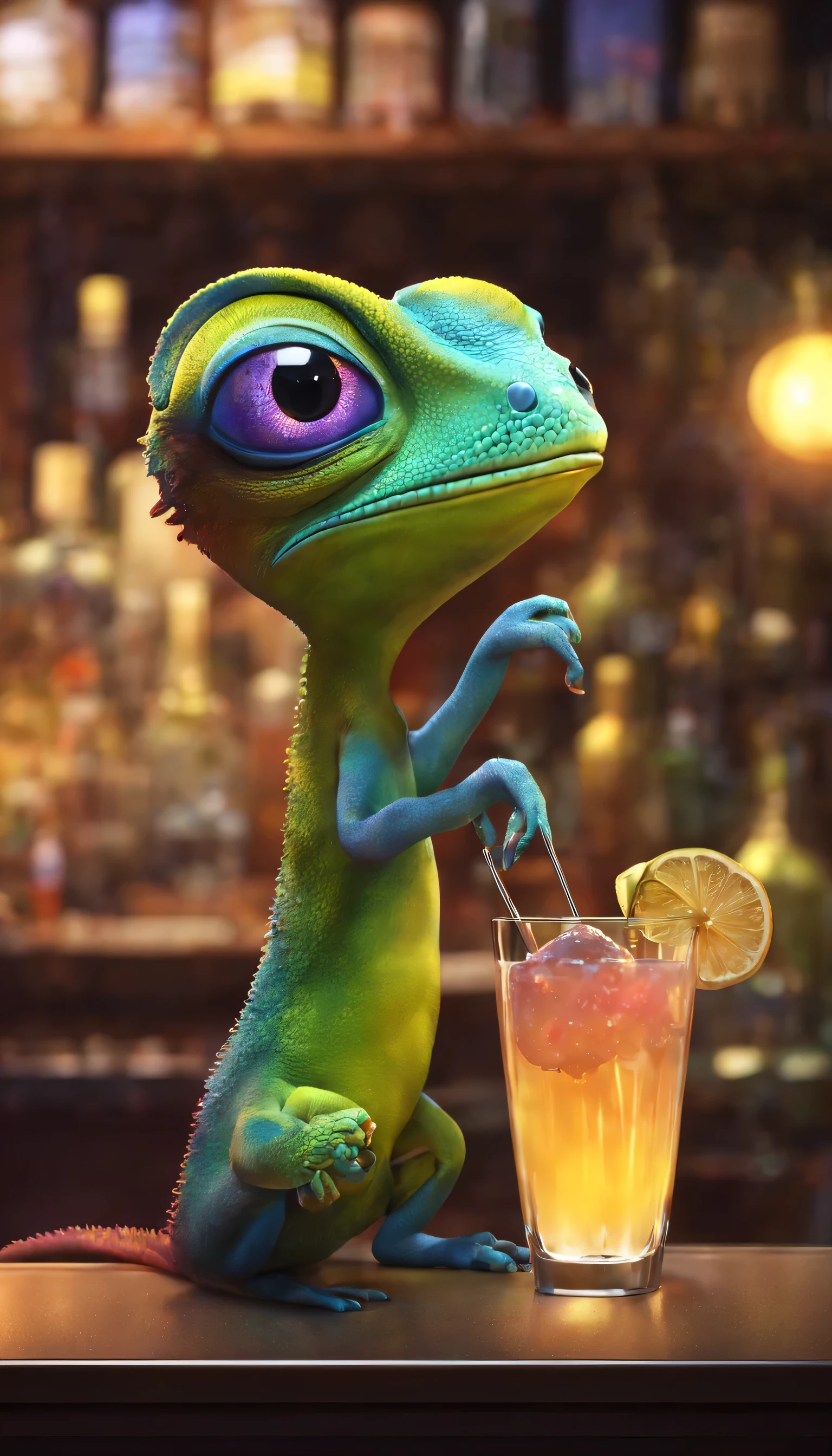 (Highly detailed CG Unity 8k wallpaper、masterpiece、highest quality、Super detailed)、(best lighting、best shadow、very delicate and beautiful)、highest quality、8k、Detailed facial depiction、masterpiece、highest quality、clear image quality、
A cartoon style chameleon is making a cocktail at the bar counter。