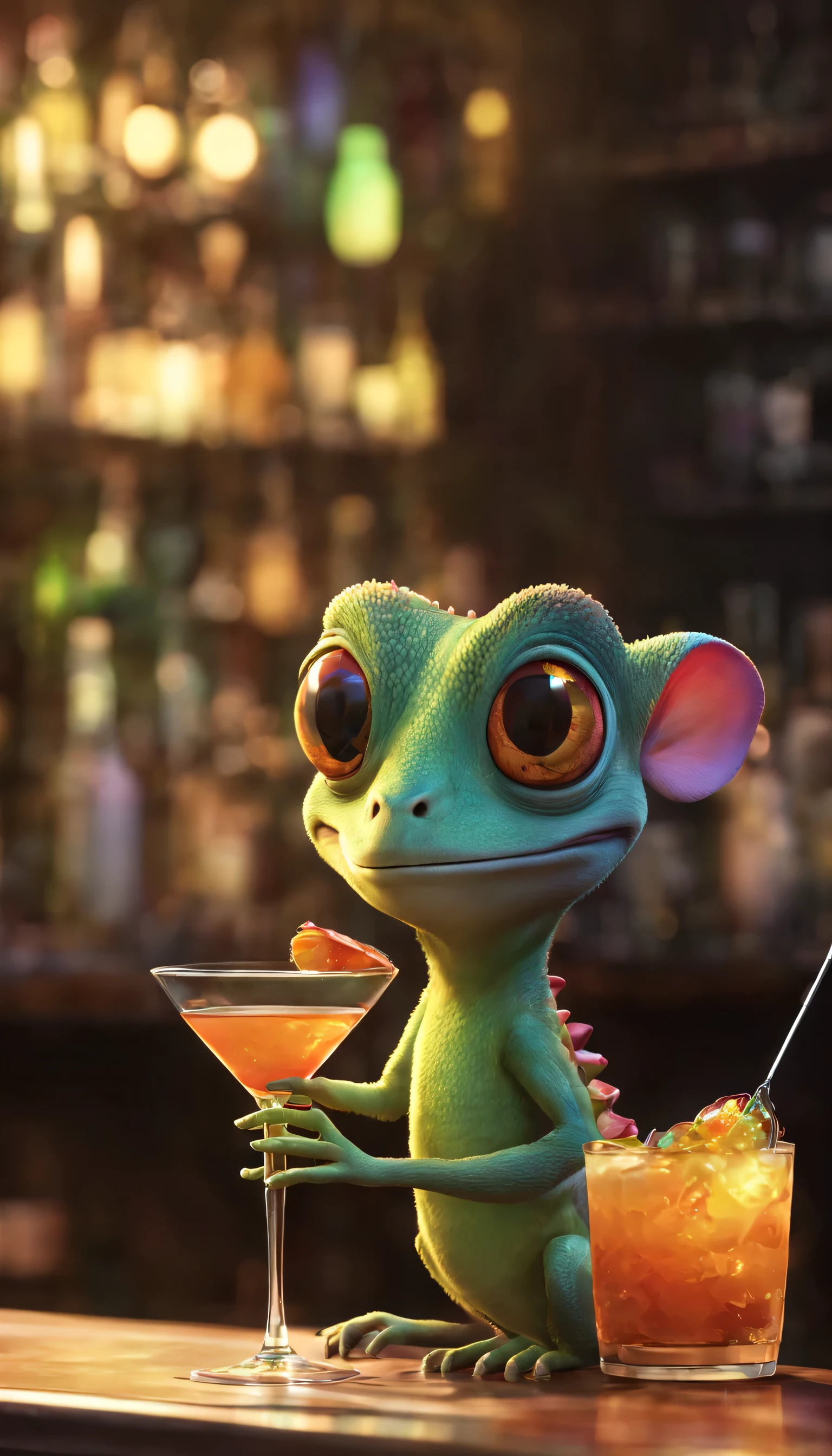 (Highly detailed CG Unity 8k wallpaper、masterpiece、highest quality、Super detailed)、(best lighting、best shadow、very delicate and beautiful)、highest quality、8k、Detailed facial depiction、masterpiece、highest quality、clear image quality、
A cartoon style chameleon is making a cocktail at the bar counter。