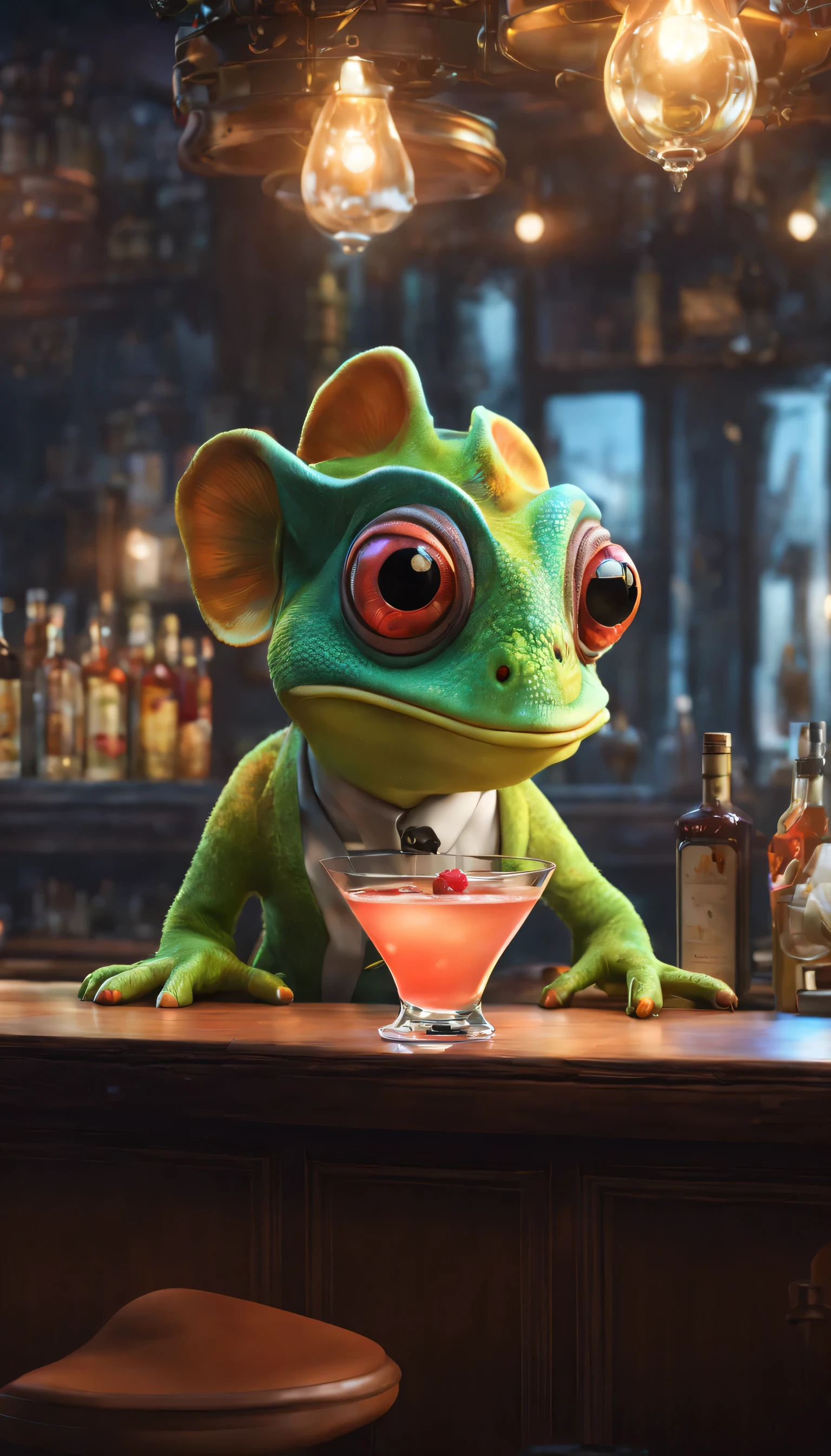(Highly detailed CG Unity 8k wallpaper、masterpiece、highest quality、Super detailed)、(best lighting、best shadow、very delicate and beautiful)、highest quality、8k、Detailed facial depiction、masterpiece、highest quality、clear image quality、
A cartoon style chameleon is making a cocktail at the bar counter。