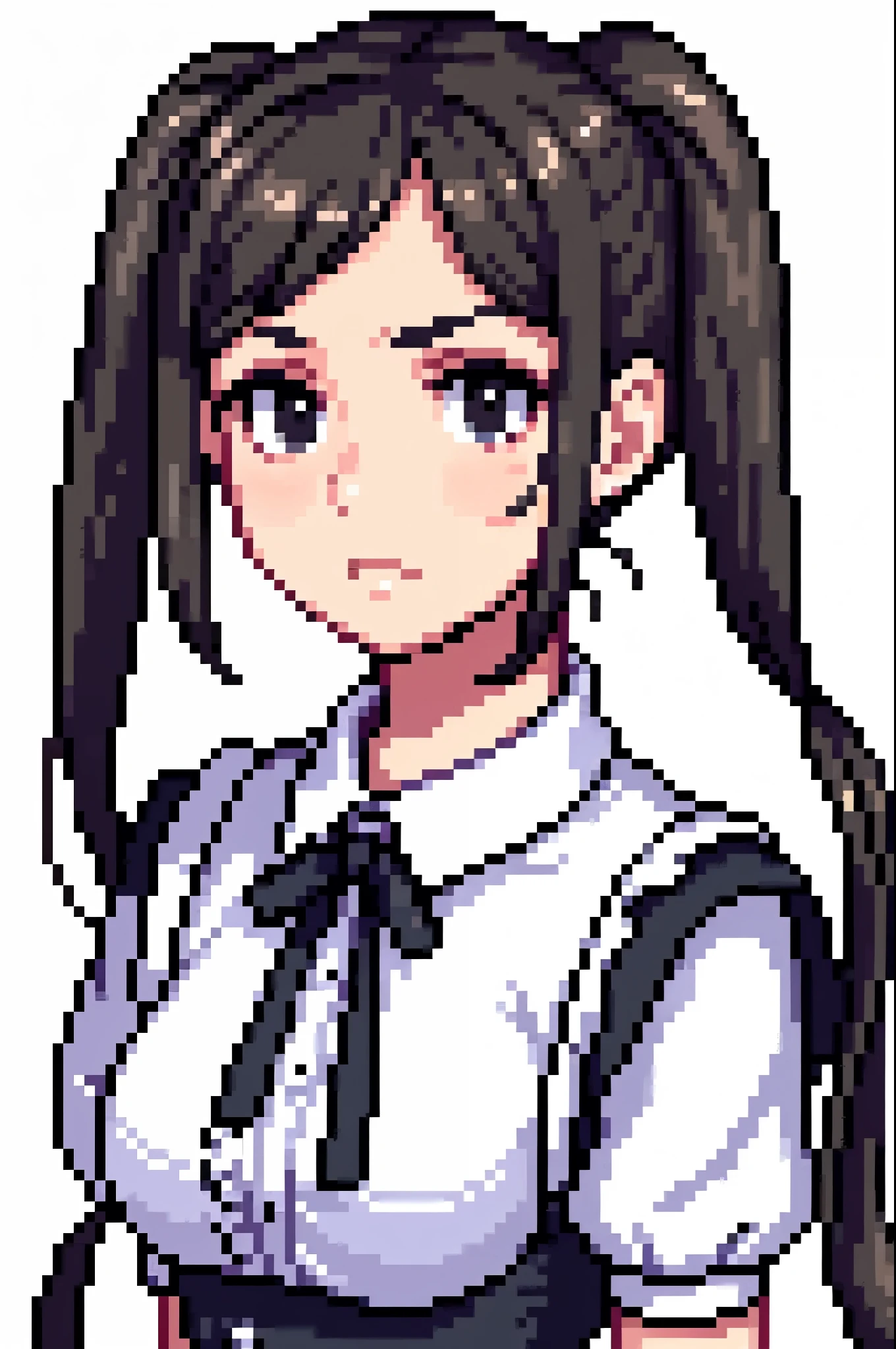 masterpiece, best quality, extremely detailed, pixel art, hyperrealistic, photorealistic, white background, a pretty girl, maid, twintails, black eyes, disdainful