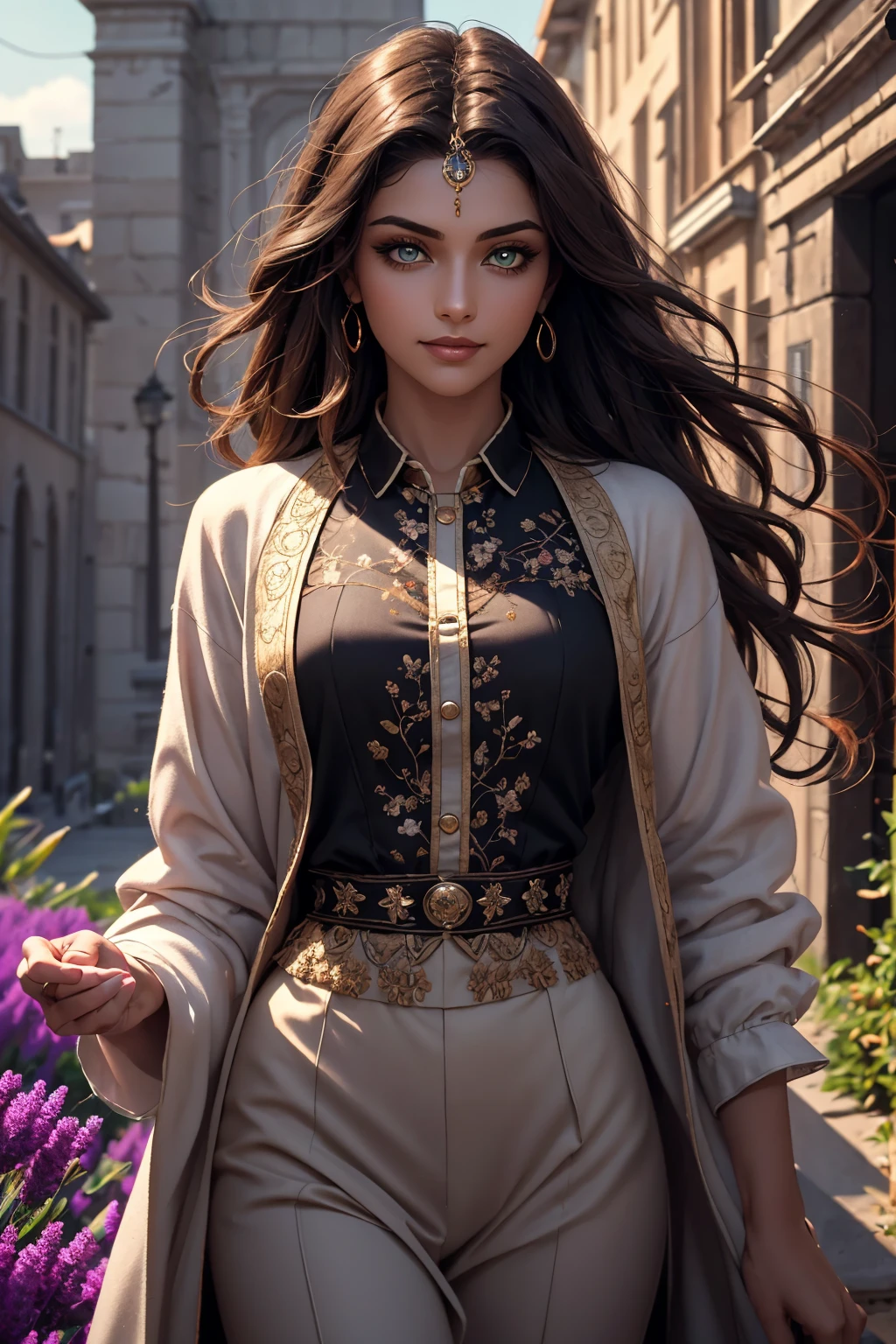 A stunning Indian beauty, with dark brown-black long wavy long hair, with mesmerizing feature with a Hopeful smiling expression, finely detailed eyes, happy mood masterpiece, top quality, best quality, official art, beautiful and aesthetic:1.2), (1girl), extreme detailed,(fractal art:1.3), colorful, highest detailed, (masterpiece, best quality:1.3) 1 bright-green-eyed woman, professional digital painting, Unreal Engine 5. In a 1920 setting, holding lavender flowers at a Lavender flower farm, wearing 1930 style clothing, South-Indian woman, olive-skinned woman, masterpiece, top quality, best quality, official art, beautiful and aesthetic:1.2), (1girl), extreme detailed,(fractal art:1.3), colorful, highest detailed, (masterpiece, best quality:1.3) 1 green-eyed woman, professional digital painting, Unreal Engine 5. Wearing embroidered linen blouse, Wearing long pleated skirt, Wearing Moleskin Field Jacket. Long hair, hopeful expression, finely detailed eyes, smiling, epic scene, epic composition, Cinematic Lighting, Volumetric Lighting, ethereal light, intricate details, extremely detailed volumetric rays. Green Eyes. [Beautiful girl, linen shirt and pants, oil painting, Detailed facial features, Sunlight, bright colors, dramatic lighting, expressive eyes and lips, High Resolution, 4K quality, Photorealistic] 1920 clothing, 1930 clothing, red, orange, yellow, blue, purple, pink,
