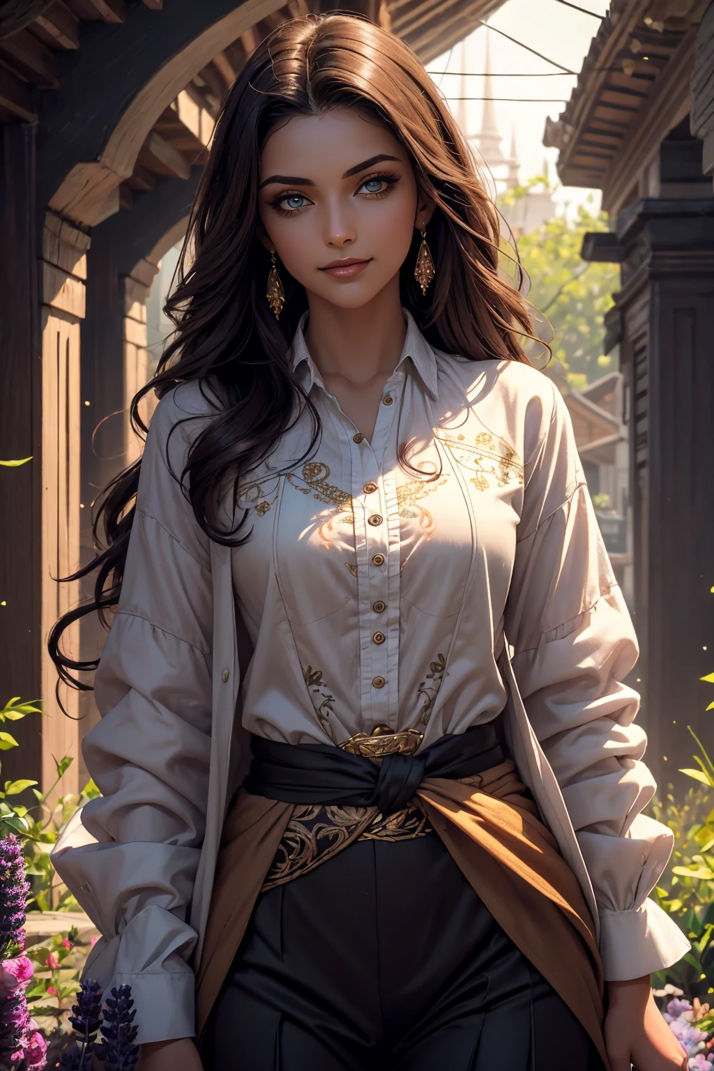 A stunning Indian beauty, with dark brown-black long wavy long hair, with mesmerizing feature with a Hopeful smiling expression, finely detailed eyes, happy mood masterpiece, top quality, best quality, official art, beautiful and aesthetic:1.2), (1girl), extreme detailed,(fractal art:1.3), colorful, highest detailed, (masterpiece, best quality:1.3) 1 bright-green-eyed woman, professional digital painting, Unreal Engine 5. In a 1920 setting, holding lavender flowers at a Lavender flower farm, wearing 1930 style clothing, South-Indian woman, olive-skinned woman, masterpiece, top quality, best quality, official art, beautiful and aesthetic:1.2), (1girl), extreme detailed,(fractal art:1.3), colorful, highest detailed, (masterpiece, best quality:1.3) 1 green-eyed woman, professional digital painting, Unreal Engine 5. Wearing embroidered linen blouse, Wearing long pleated skirt, Wearing Moleskin Field Jacket. Long hair, hopeful expression, finely detailed eyes, smiling, epic scene, epic composition, Cinematic Lighting, Volumetric Lighting, ethereal light, intricate details, extremely detailed volumetric rays. Green Eyes. [Beautiful girl, linen shirt and pants, oil painting, Detailed facial features, Sunlight, bright colors, dramatic lighting, expressive eyes and lips, High Resolution, 4K quality, Photorealistic] 1920 clothing, 1930 clothing, red, orange, yellow, blue, purple, pink,
