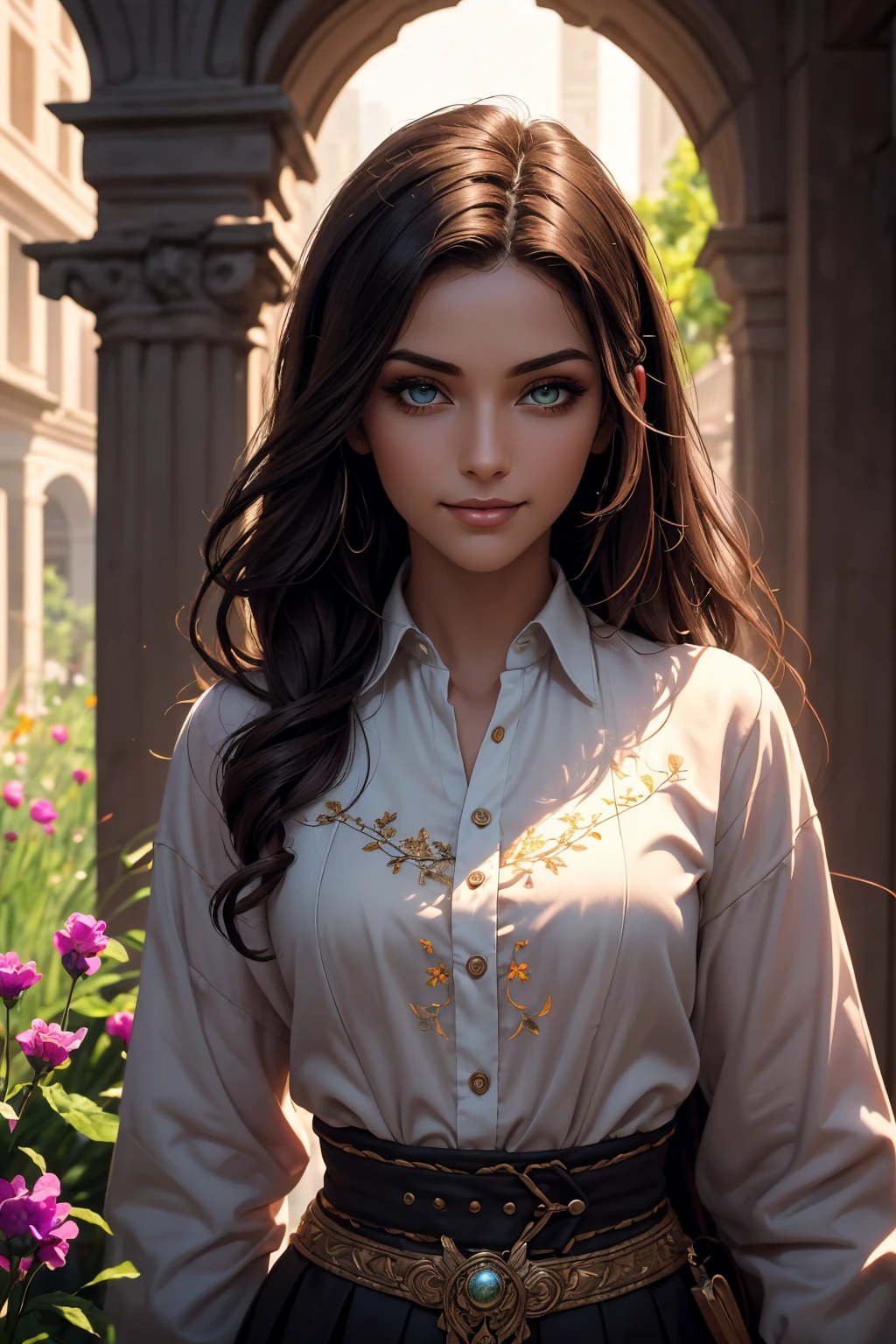 A stunning Indian beauty, with dark brown-black long wavy long hair, with mesmerizing feature with a Hopeful smiling expression, finely detailed eyes, happy mood masterpiece, top quality, best quality, official art, beautiful and aesthetic:1.2), (1girl), extreme detailed,(fractal art:1.3), colorful, highest detailed, (masterpiece, best quality:1.3) 1 bright-green-eyed woman, professional digital painting, Unreal Engine 5. In a 1920 setting, holding lavender flowers at a Lavender flower farm, wearing 1930 style clothing, South-Indian woman, olive-skinned woman, masterpiece, top quality, best quality, official art, beautiful and aesthetic:1.2), (1girl), extreme detailed,(fractal art:1.3), colorful, highest detailed, (masterpiece, best quality:1.3) 1 green-eyed woman, professional digital painting, Unreal Engine 5. Wearing embroidered linen blouse, Wearing long pleated skirt, Wearing Moleskin Field Jacket. Long hair, hopeful expression, finely detailed eyes, smiling, epic scene, epic composition, Cinematic Lighting, Volumetric Lighting, ethereal light, intricate details, extremely detailed volumetric rays. Green Eyes. [Beautiful girl, linen shirt and pants, oil painting, Detailed facial features, Sunlight, bright colors, dramatic lighting, expressive eyes and lips, High Resolution, 4K quality, Photorealistic] 1920 clothing, 1930 clothing, red, orange, yellow, blue, purple, pink,
