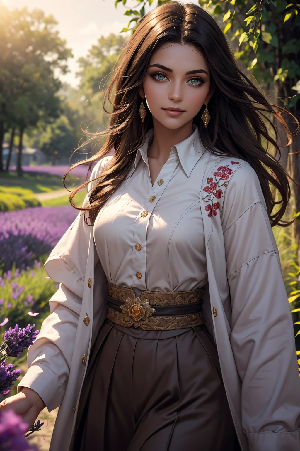 A stunning Indian beauty, with dark brown-black long wavy long hair, with mesmerizing feature with a Hopeful smiling expression, finely detailed eyes, happy mood masterpiece, top quality, best quality, official art, beautiful and aesthetic:1.2), (1girl), extreme detailed,(fractal art:1.3), colorful, highest detailed, (masterpiece, best quality:1.3) 1 bright-green-eyed woman, professional digital painting, Unreal Engine 5. In a 1920 setting, holding lavender flowers at a Lavender flower farm, wearing 1930 style clothing, South-Indian woman, olive-skinned woman, masterpiece, top quality, best quality, official art, beautiful and aesthetic:1.2), (1girl), extreme detailed,(fractal art:1.3), colorful, highest detailed, (masterpiece, best quality:1.3) 1 green-eyed woman, professional digital painting, Unreal Engine 5. Wearing embroidered linen blouse, Wearing long pleated skirt, Wearing Moleskin Field Jacket. Long hair, hopeful expression, finely detailed eyes, smiling, epic scene, epic composition, Cinematic Lighting, Volumetric Lighting, ethereal light, intricate details, extremely detailed volumetric rays. Green Eyes. [Beautiful girl, linen shirt and pants, oil painting, Detailed facial features, Sunlight, bright colors, dramatic lighting, expressive eyes and lips, High Resolution, 4K quality, Photorealistic] 1920 clothing, 1930 clothing, red, orange, yellow, blue, purple, pink,
