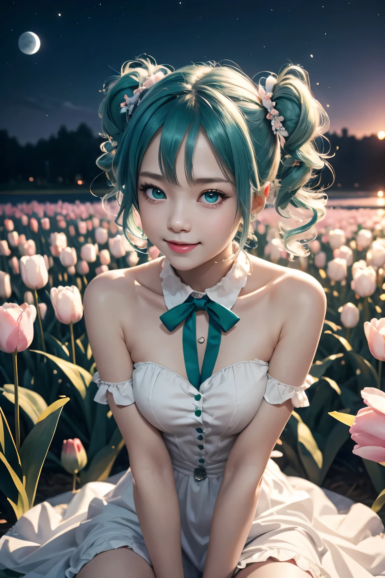 hatsune miku,twin tails,Beautiful emerald green eyes,white skin,hatsune miku costume,white ruffle dress,green ribbon around neck,super high quality,super high quality,masterpiece,digital single lens reflex,realistic,Detailed details,vivid details,depicted in detail,detailed face,Detailed details,Super detailed,realistic skin texture,based on anatomical basis,perfect anatomy,anatomically correct hand,anatomically correct fingers,Complex 3D rendering,sexy pose,beautiful tulip field,fantasy world view,Fantastic night view,fantastic night sky,beauty like a painting,Take a full body photo,nine-headed body,pink lip,Beautiful curly hair,emphasize the beautiful whole body,smile,