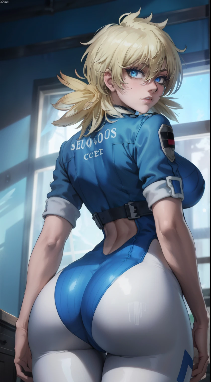 (masterpiece, highest quality, best quality, official art, beautiful and aesthetic: 1.2), (1girl), extremely detailed, (fractal art: 1.3), colorful, highest detailed, perfect face, upper body, HDR, ), vivid visual effects, (dynamic stripes, luminous traces: 1.2),, ass focus, ass, large ass, bare ass, naked ass, nude, ass window, sexy, wide hips, thicc figure, Detailed blue eyes, Detailed face, Detailed eyes, perfect face, perfect eyes, wearing blue bodysuit, back view, looking back at viewer, exposed thighs, exposed butt, exposed ass, nude thighs 