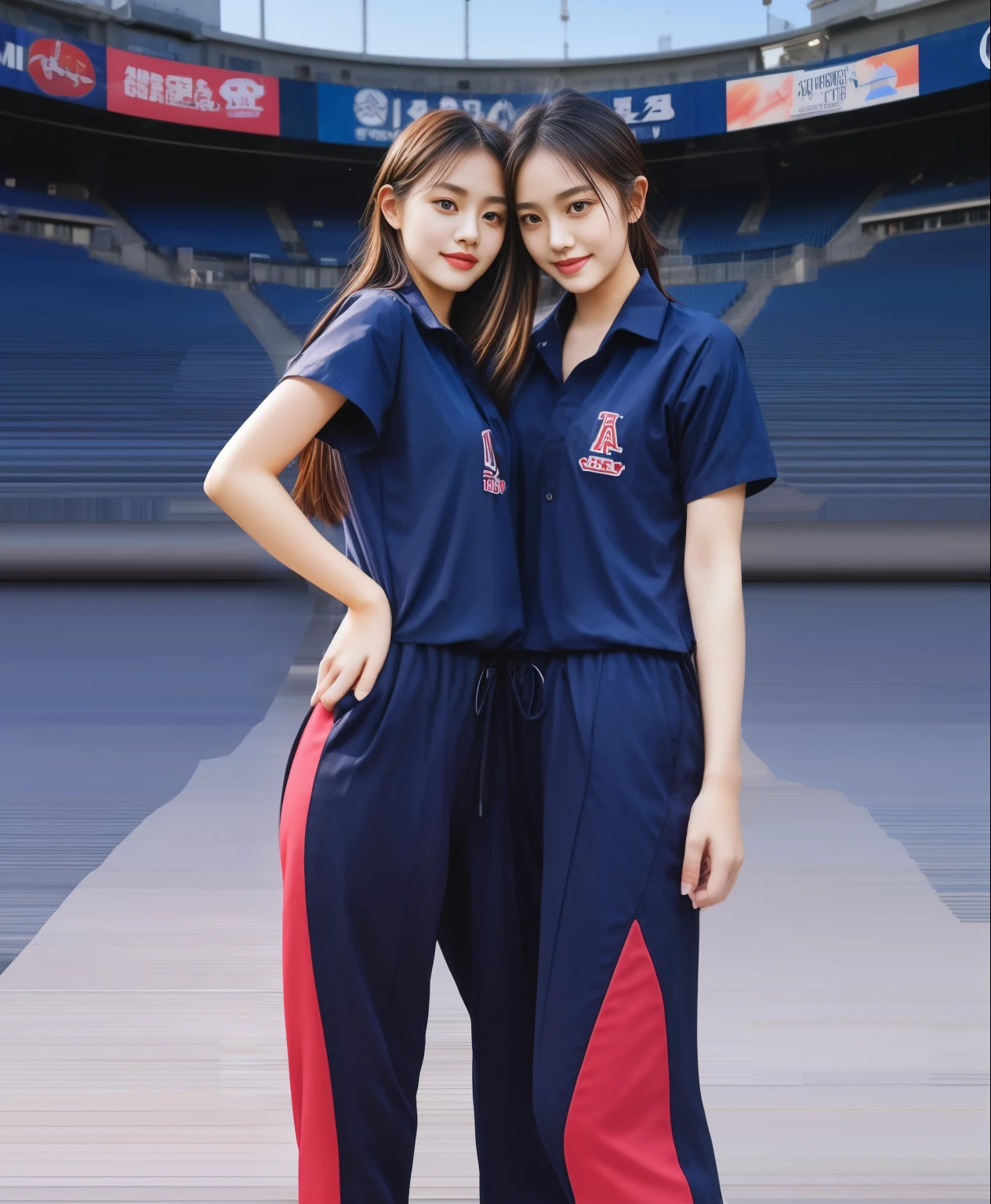 (best quality,10,10,height,Masterpiece:1.2),Special details,(realistic,ภาพrealistic,Realistic photos:1.37),1 cute girl on the football field,shiny, ผิวshiny,only,smile softly,BDclothelue shirt:1.3)),short sleeve,shirt, กางเกงขาlong.,(navy_long_track pants:1.1), ((stadium background:1.3)),Dynamic angle,excited,Face focus,dynamic poses,from behind,focus on ass,Masterpiece, best quality, ultra realistic, hyper-detail, 8K resolution, raw photos, Sharp focus, ((Navy blue shirt:1.1)), short sleeve, เส้นทางlong, perfect body, 2 mature women, 18 years old, Cinema-grade lighting system,blue sweatpants,shirtผ้าออกกำลังกาย,correct anatomy,perfect body, correct body, Sharp face, correct bodyทางกายวิภาค, full body, realistic gestures, long-haired, realistic poses,Wear long shorts................................,ช่วงขาlong,Good shape,carved girl, Slender figure, model, Good shape, beautiful body,blue sweatpants, two girls kissing