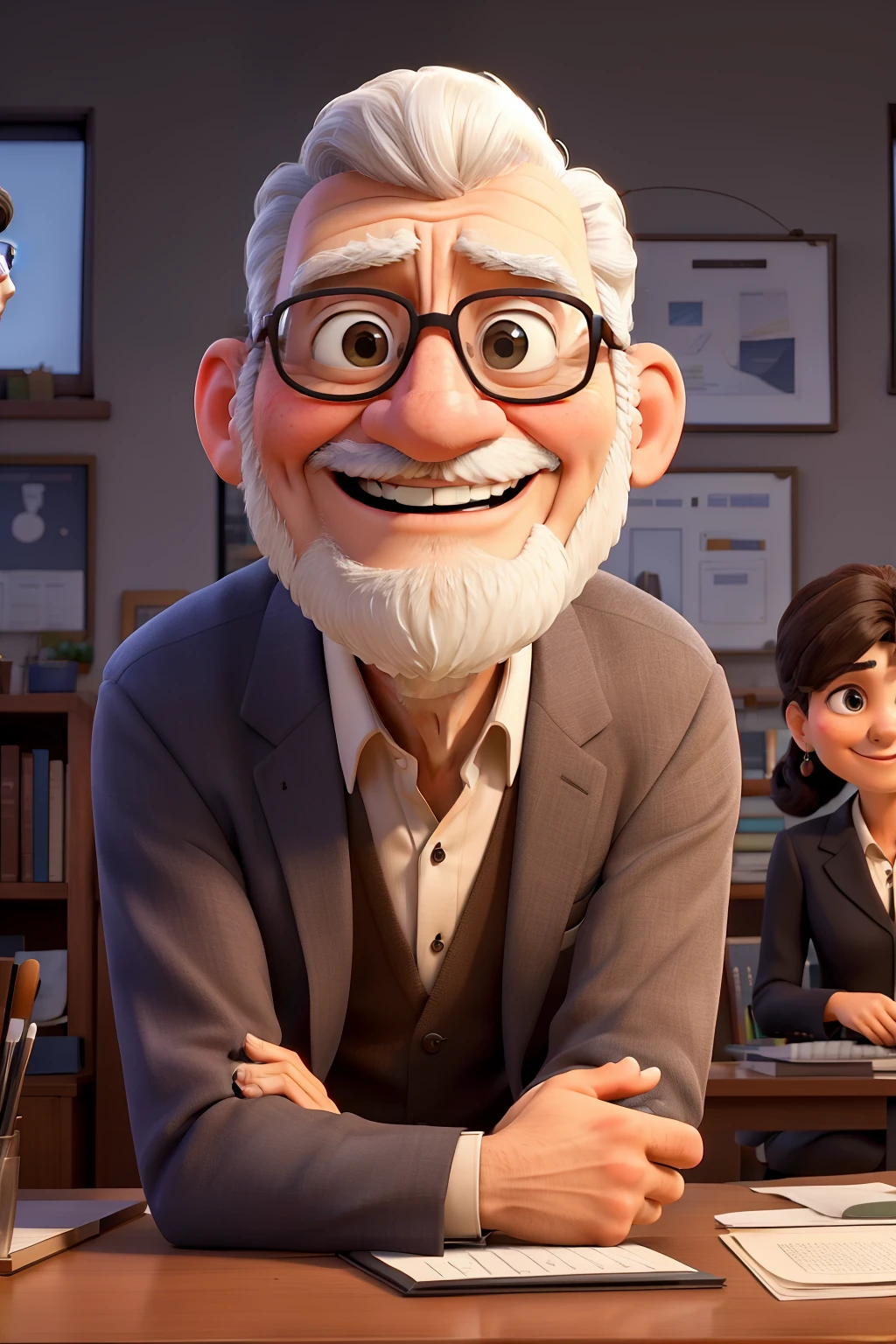 Paulo Freire, a renowned educator with a wise and contemplative expression, sitting at a beautifully designed desk, surrounded by stacks of books and a laptop, with a diploma on the wall and a pen in hand, signifying his successful career in education.

A Casal (hombre moreno y mujer blanca), both in their prime, laughing and enjoying each other's company at an elegant restaurant, dressed to impress, raising their glasses to toast to their successful careers.

An accomplished artist, with a face etched with the lines of experience, standing confidently in front of a masterpiece, his best work yet, wearing a tailored suit, holding a brush in one hand, and