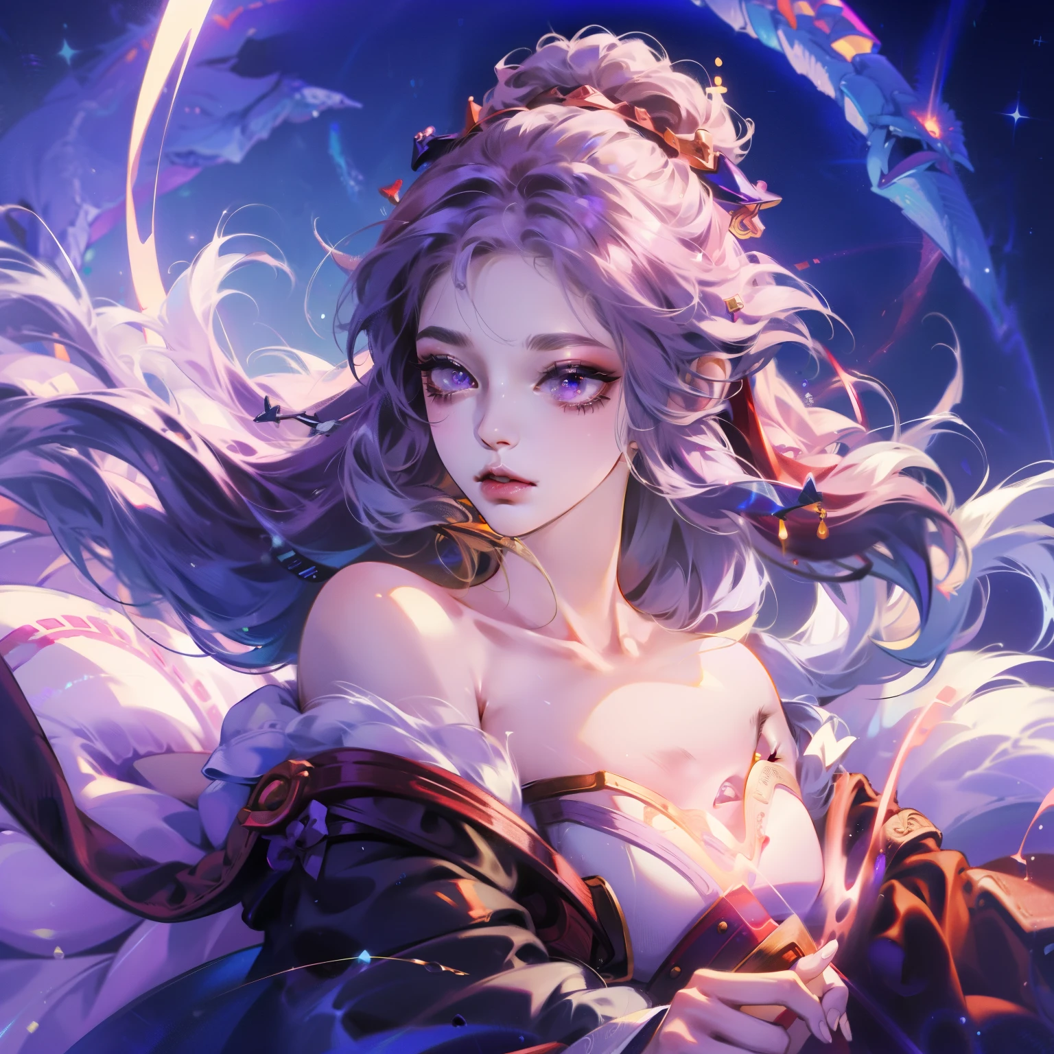 1 girl,high resolution, high quality, masterpiece, mxmk white dress, bare shoulders, purple eyes, white dress, braid，gold eye shadow，Dark red pupils，
