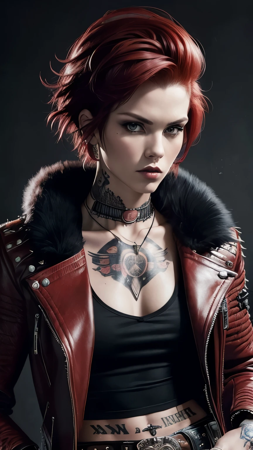 A Woman, ((Punk Style)), (80's) , 25 years old woman, Short red hair, Tattoos, Fur Jacket, Wearing black Shirt, Skinny, Looking at viewer, Arrogant expression, (((Masterpiece, Semirealistic, Cowboy shoot, Good expression, Good anatomy, Good pose))).