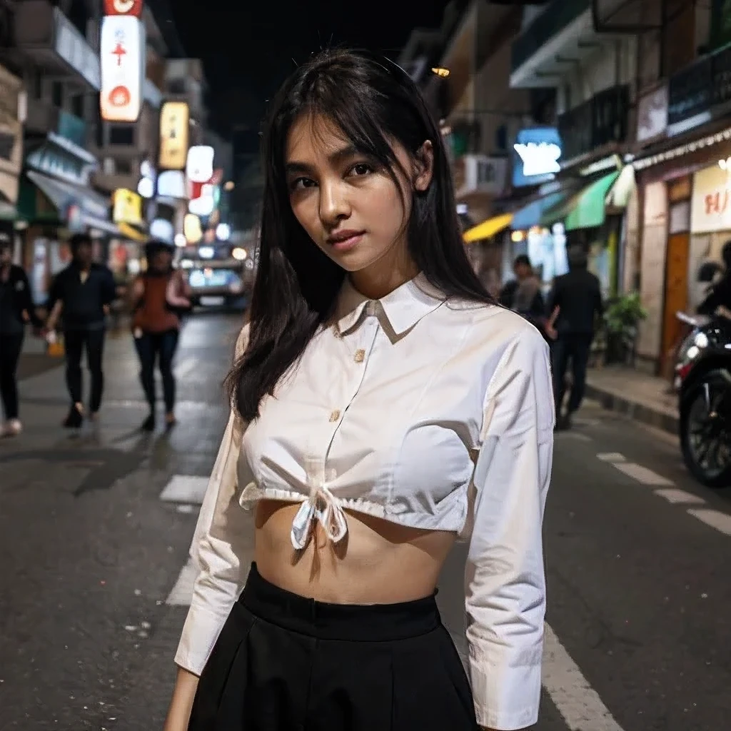buatkan imajinasi nyata seorang gadis 20 tahun wajah indonesia,wajah kusam bekas kekerasan rambut acak acakan mengenakan baju sobek di bagian dada kelihatan sebagian bra, mengenakan rok mini ,ekspresi teriak menangis,berjalan sempoyongan di jalan gang gelap, latar belakang perkotaan di indonesia,susana malam hari, foto kulitas tinggi sangat detail dan halus, pencahayaan lampu jalan, sangat detail dan realistis.