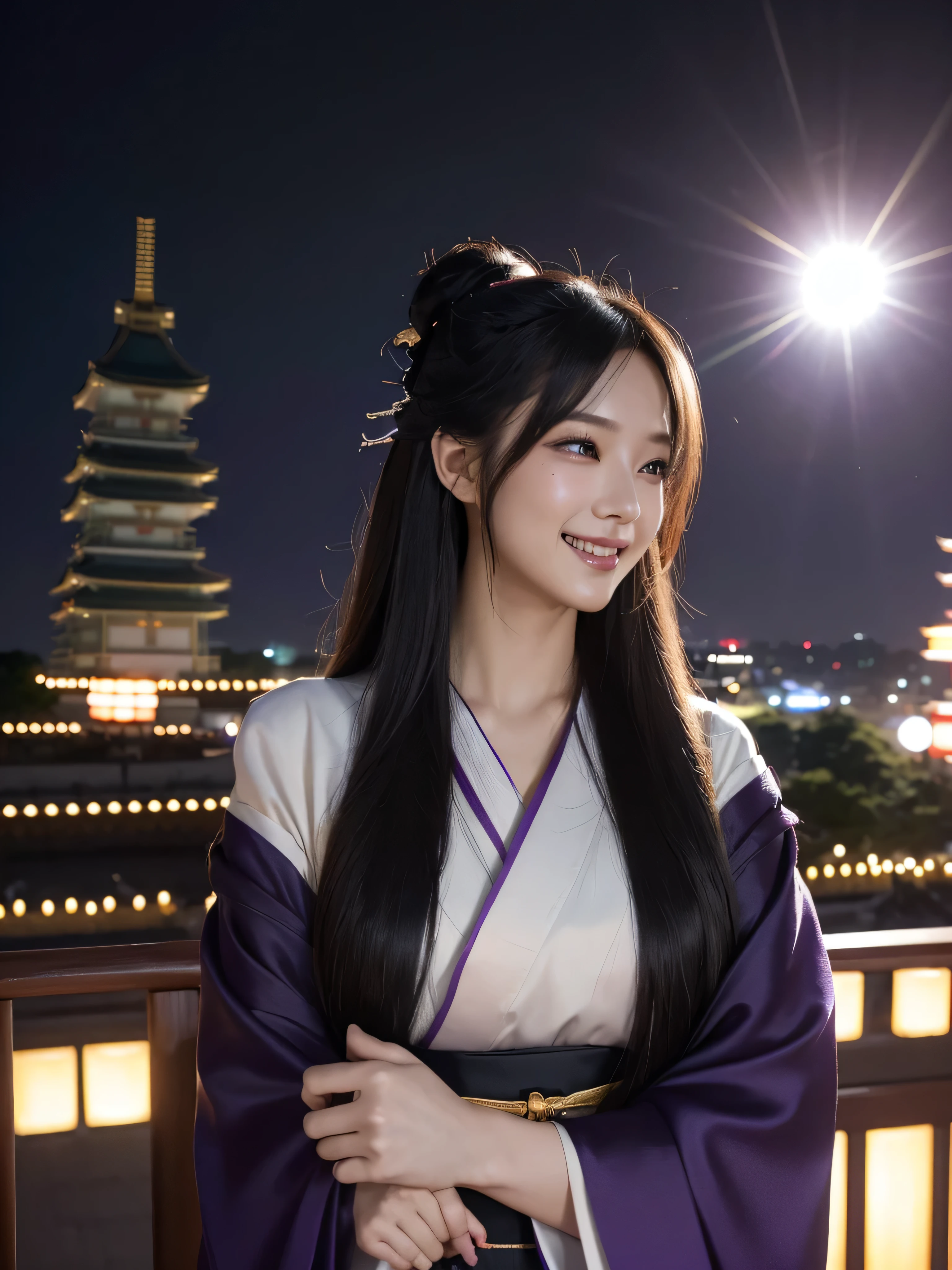 best qualtiy、Osaka castle, masterpiece、photoRealstic、intricate-detail、Raw foto、Photon Rendering、Octane Rendering、absurderes、ultra-detailliert、A detailed face、Detailed skin、Trending in art stations、8K Masterpiece、lighting like a movie、( (1girl in))、((solo) ))、CG Social Trends、Plastic En、((Black Long Hair))、((Beautuful Women))、(A smile)、Upper teeth、Fashionable、Hair that flutters in the wind、((Flowing hair))、fashion magazine、((A sexy))、((lighting like a movie)、((indirect lighting)、、(ssex)、Grinning、(View from a distance)、((Festival of Japan))、Dark purple kimono、Hair is up、Osaka castle in the background.