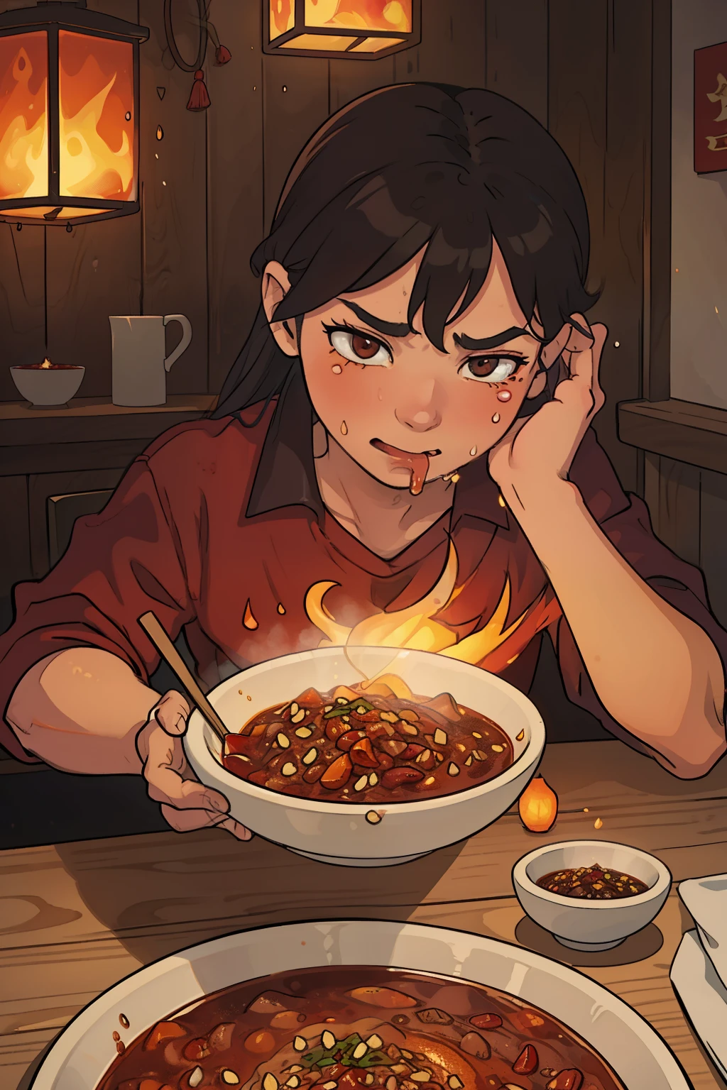 Man savors every bite of spicy cold chili,
Sweat beads on his forehead in the dimly lit room,
Red chili pepper flakes settle on his tongue,
Tears stream down his face as he savors the heat,
Taste explodes in his mouth, warming him from within,
Old wooden table, empty plate, chopsticks at the ready,
Droplets of chili oil shimmering in the lamplight,
Amidst an otherwise plain setting, the fire of the chili steals the show.
Realistic textures, sharp details, vibrant colors,
A simple pleasure, a moment of delight, eating cold chili