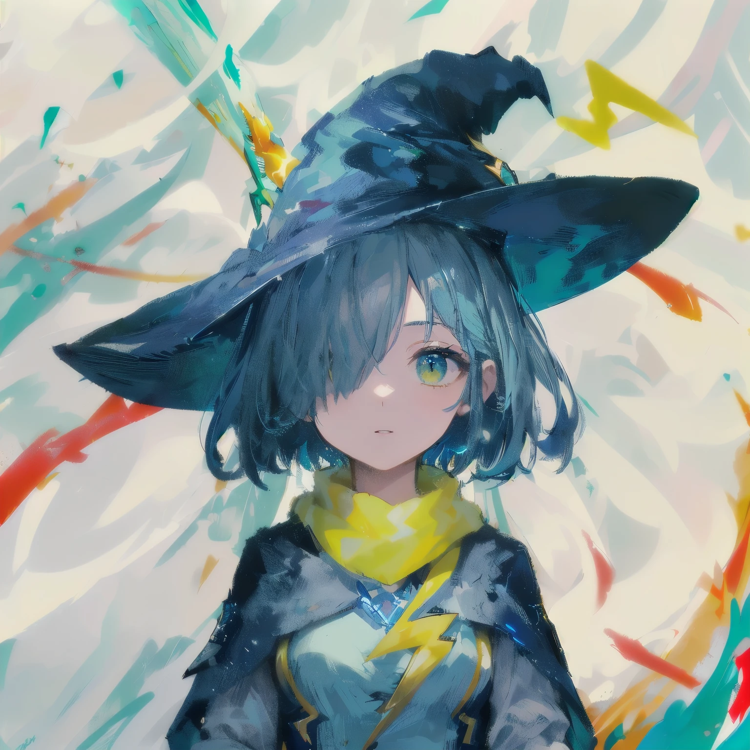 (Masterpiece:0.9), (best quality:1.1), hyper details, 1girl,(hair over one eye),(blue hair,short hair, Yellow lightning bolt ornament on the brim of a solid blue witch, blue dress, Yellow scarf in the shape of lightning:1.3), HDR,(fireflies are flying:1.3)(beatiful detailed eye:1.3),multicolour hair,Colored light particles, (Colorful:1.5),