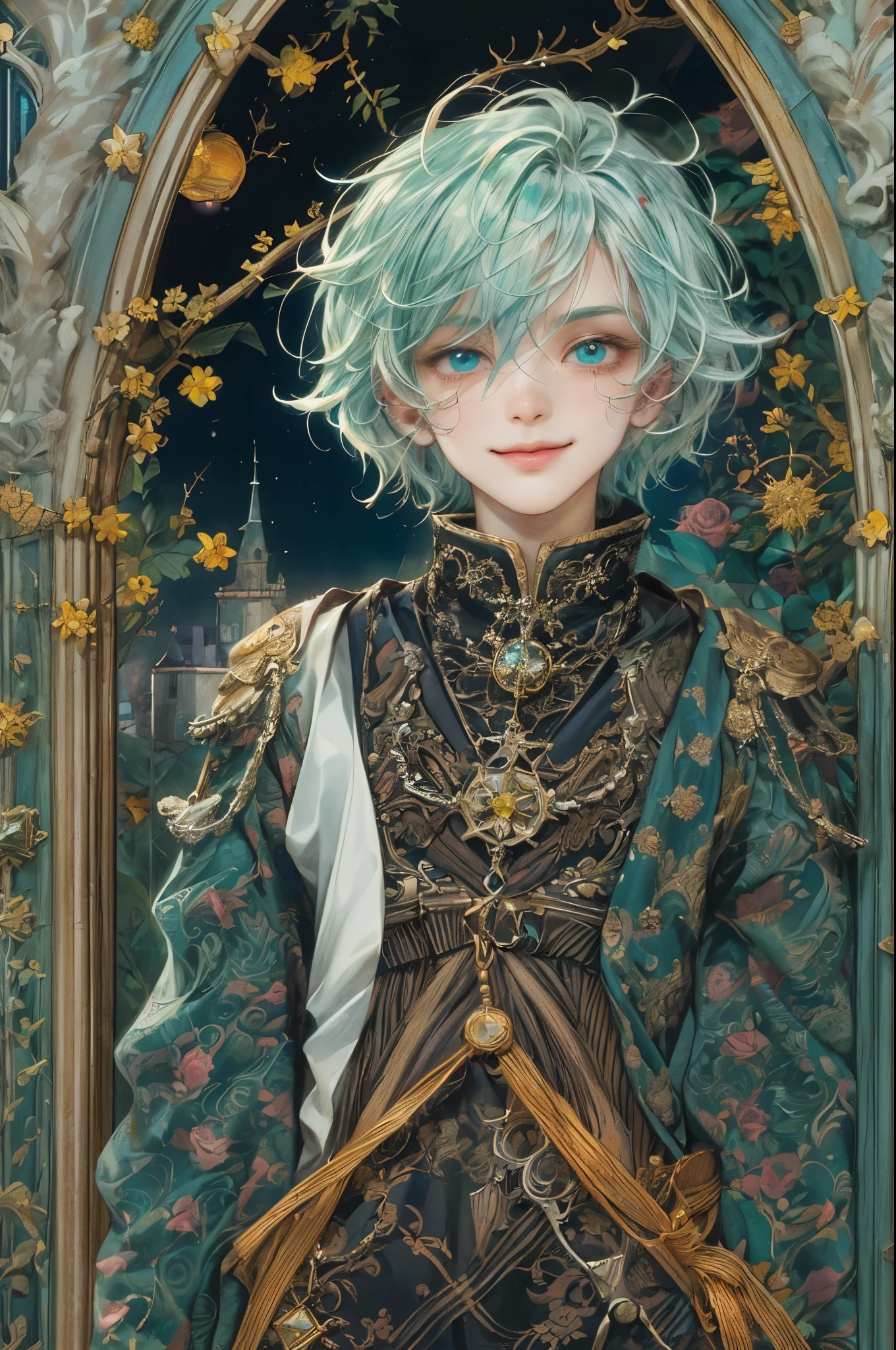 ((absurdres, highres, ultra detailed, perfect face), 1 boy , front view, young boy, handsome boy villain character from sugar sugar rune, short hair, anime eyes, mage clothes with colorful details, eyes on the viewer, add red details to picture and smirk, dimples, extremely detailed CG unity 8k wallpaper, add blue details on side, intricate details and add yellow details on left, rose ornaments, witch castle background, detailed houses town scenery window background, tim burton style theme