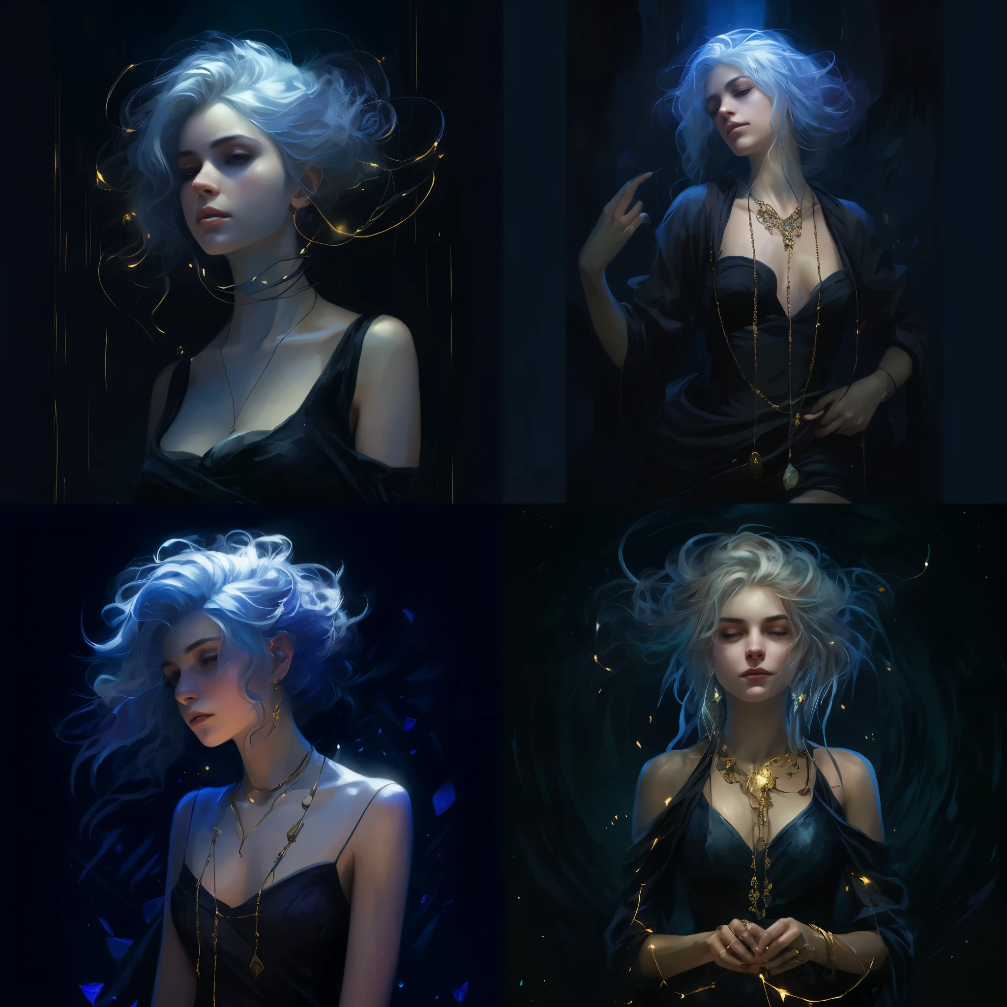 quatro fotos diferentes de uma mulher com cabelos brancos e vestido preto, Estilo de arte de Charlie Bowater, arte do personagem Charlie Bowater, neoartcore e charlie bowater, estilo de arte de fantasia, estilo de charlie bowater, Charlie Bowater cores ricas e profundas, deviantart artstation cgscosiety, retrato de arte conceitual de fantasia, o estilo do wlop, estilo ross tran