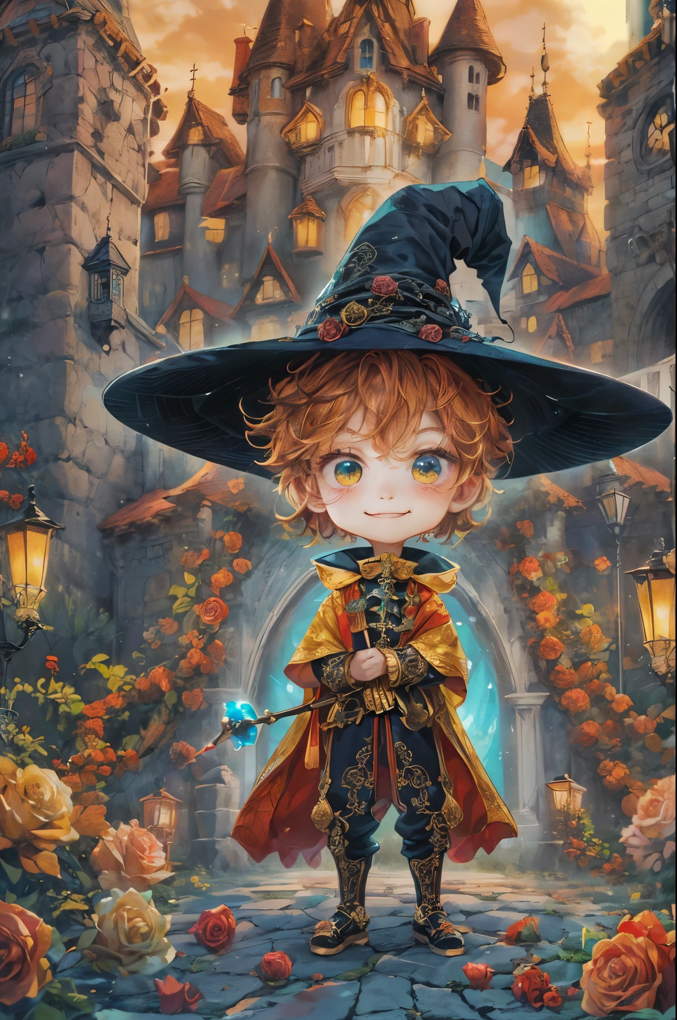 ((absurdres, highres, ultra detailed, perfect face), 1 boy , front view, young boy, handsome boy villain character from sugar sugar rune, short hair, anime eyes, mage clothes with colorful details,  eyes on the viewer, add red details to picture and smirk, dimples, extremely detailed CG unity 8k wallpaper, add blue details on side, intricate details and add yellow details on left, rose ornaments, witch castle background, detailed houses town scenery window background, tim burton style theme