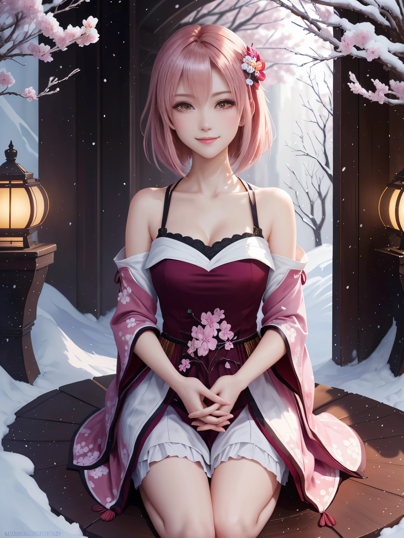 masterpiece , best quality,smile,smile,small face,shoulder exposure,less cleavage exposure,light pink hair,slender body shape,brown eyes,sharp contrast,short hair,Beautiful short hair,Berry Short,short cut hair,just one person,precision quality,Faithfully reproduced eyes, The surroundings are shining gold,一面に咲くcherry blossom background,snow scene,masterpiece, 幻想的なcherry blossom background,night,nightの背景,cherry blossom background,beautiful details, colorful, delicate details, delicate lips, intricate details, genuine, ultrargenuineista, 枝に座っている色とりどりの髪のFoxを持つ女の子:Mature, bright eyes, ,色とりどりのFox, raposa de nine tails, 三尾Fox, 三尾Fox, onmyoji detail art, beautiful fine art illustration, mythical creatures, Fox, beautiful digital art,shrine maiden,hold hands,exquisite digital illustration, mizutsune, Inspired by mythical wild web creatures, pixiv in digital art, shining light, high contrast, Mysterious,