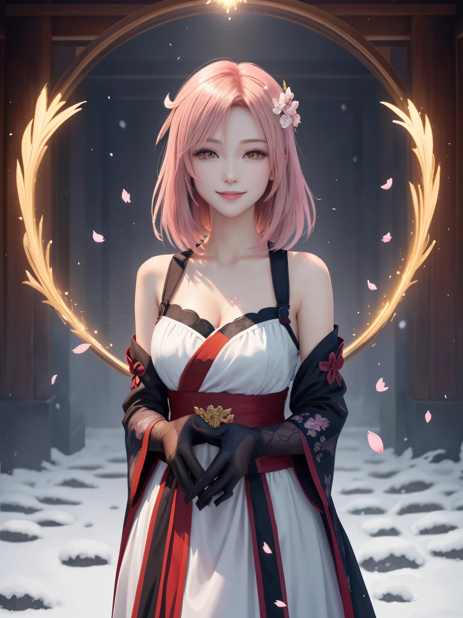masterpiece , best quality,smile,smile,small face,shoulder exposure,less cleavage exposure,light pink hair,slender body shape,brown eyes,sharp contrast,short hair,Beautiful short hair,Berry Short,short cut hair,just one person,precision quality,Faithfully reproduced eyes, The surroundings are shining gold,一面に咲くcherry blossom background,snow scene,masterpiece, 幻想的なcherry blossom background,night,nightの背景,cherry blossom background,beautiful details, colorful, delicate details, delicate lips, intricate details, genuine, ultrargenuineista, 枝に座っている色とりどりの髪のFoxを持つ女の子:Mature, bright eyes, ,色とりどりのFox, raposa de nine tails, 三尾Fox, 三尾Fox, onmyoji detail art, beautiful fine art illustration, mythical creatures, Fox, beautiful digital art,shrine maiden,hold hands,exquisite digital illustration, mizutsune, Inspired by mythical wild web creatures, pixiv in digital art, shining light, high contrast, Mysterious,