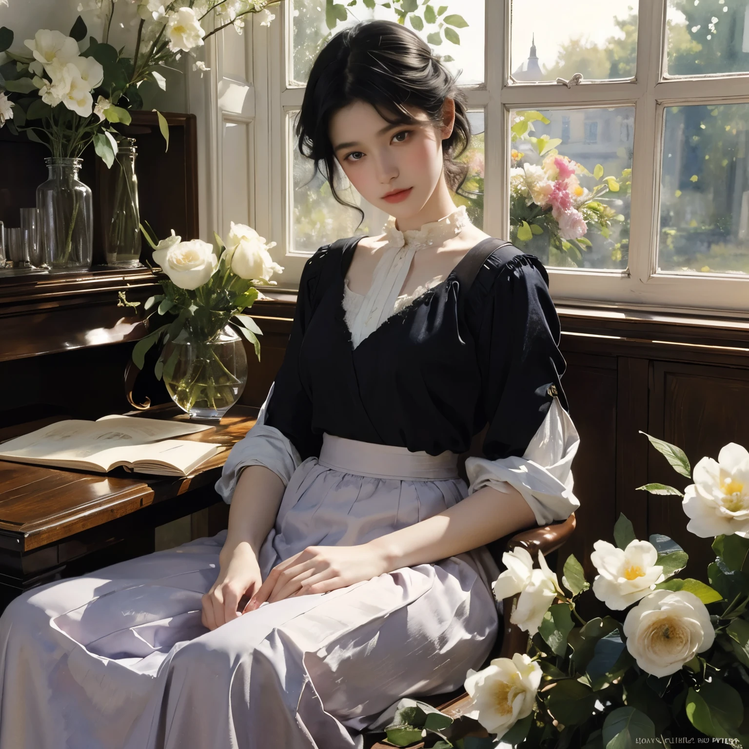 ((Watercolor painting by Singer Sargent))、(highest quality、masterpiece)、1 girl、16 years old、wonderful、short black hair、Also々Shiime、small breasts、uniform、long skirt、piano、library、Book、flower shop、table、Floral、window、Foliage plant、 wood,soft light、