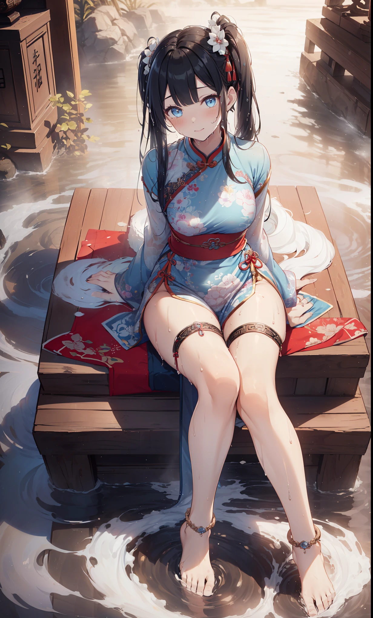 top quality，best resolution，(Drenched white long cheongsam），Super detailed, She has a white twin tail，girl，charm，Design intricate clothes，blue eyes，Vision，Elegant and charming，((Wet people，The background is an ancient Chinese hot spring，leg rings，anklet))，night，little lighting，charm的姿势